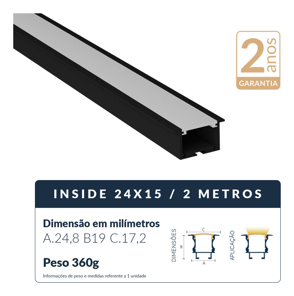 Perfil Barra Risqué Inside Embutir 24x15mm 2 Metros IP20 Preto Avant
