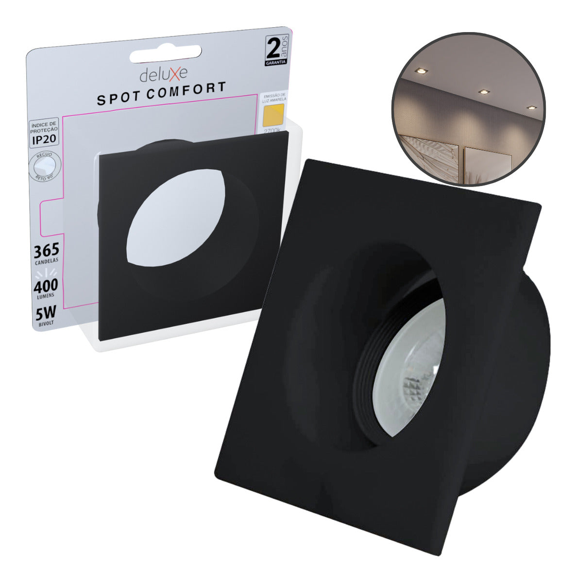 Spot Led Comfort Embutir 5w 2700k Branco Quente 9,4cm Bivolt Redondo Preto Cod: 908835056 Deluxe