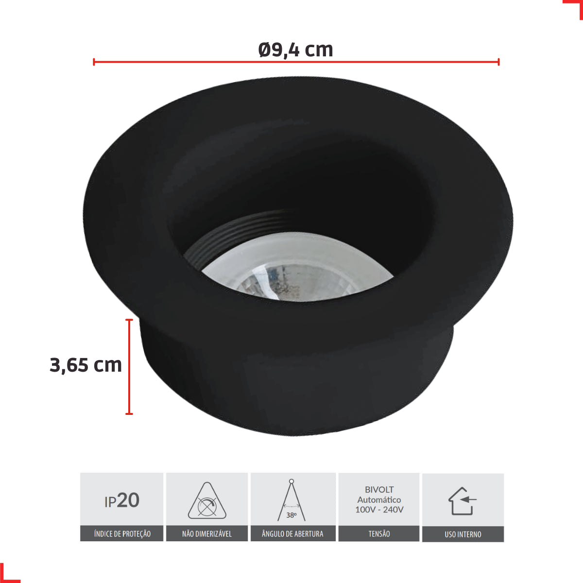 Spot Led Confort Recuado 5w 6500k Branco Frio IP20 Bivolt Preto Avant