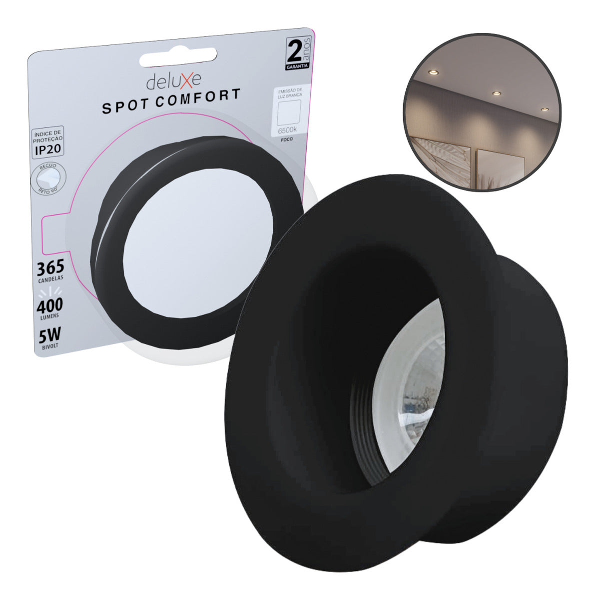 Spot Led Confort Recuado 5w 6500k Branco Frio IP20 Bivolt Preto Avant