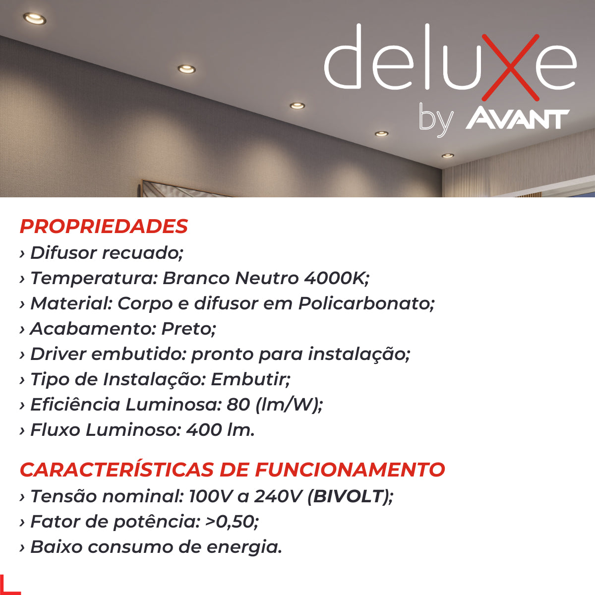 Spot Led Confort Recuado 5w 4000k Branco Neutro IP20 Bivolt Preto Avant