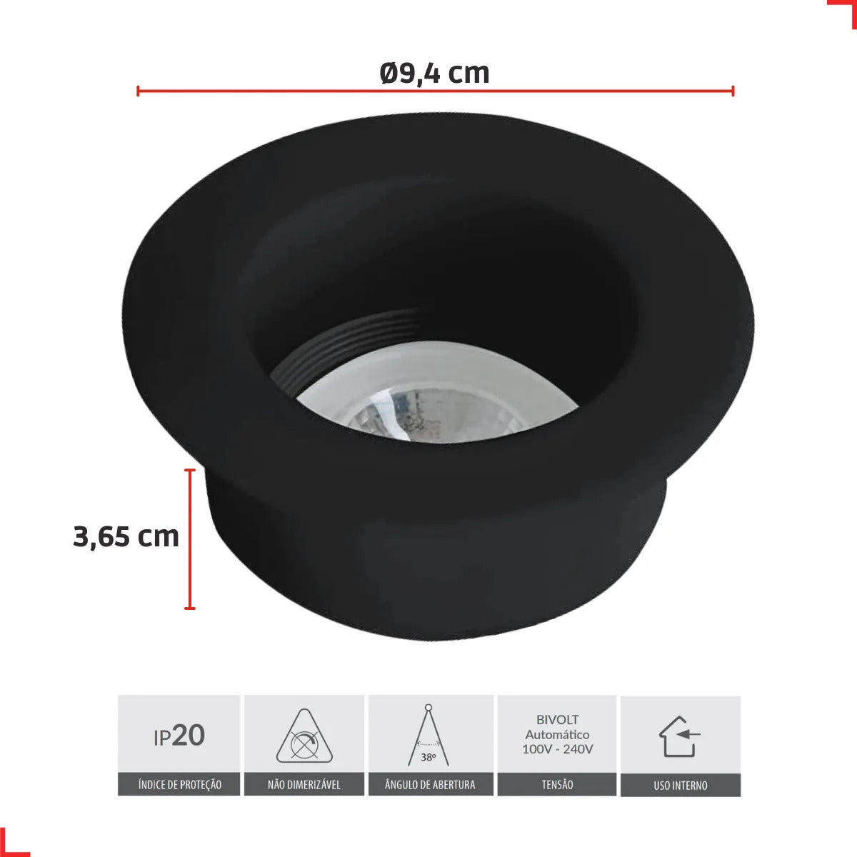 Spot Led Confort Recuado 5w 2700k Branco Quente IP20 Bivolt Preto Avant