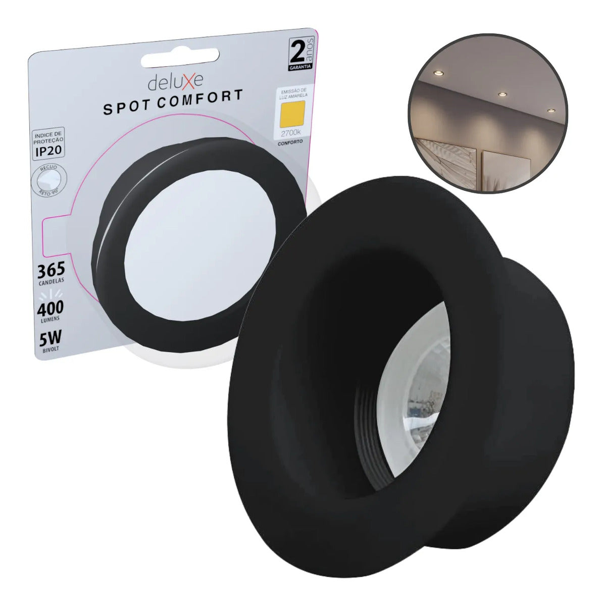 Spot Led Confort Recuado 5w 2700k Branco Quente IP20 Bivolt Preto Avant