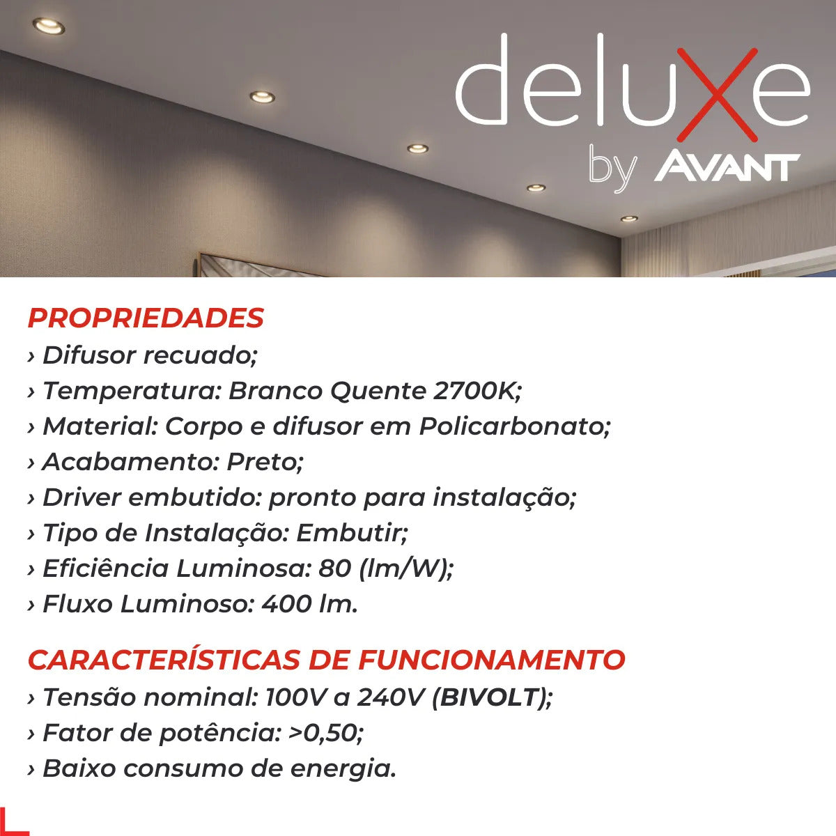 Spot Led Confort Recuado 5w 2700k Branco Quente IP20 Bivolt Preto Avant