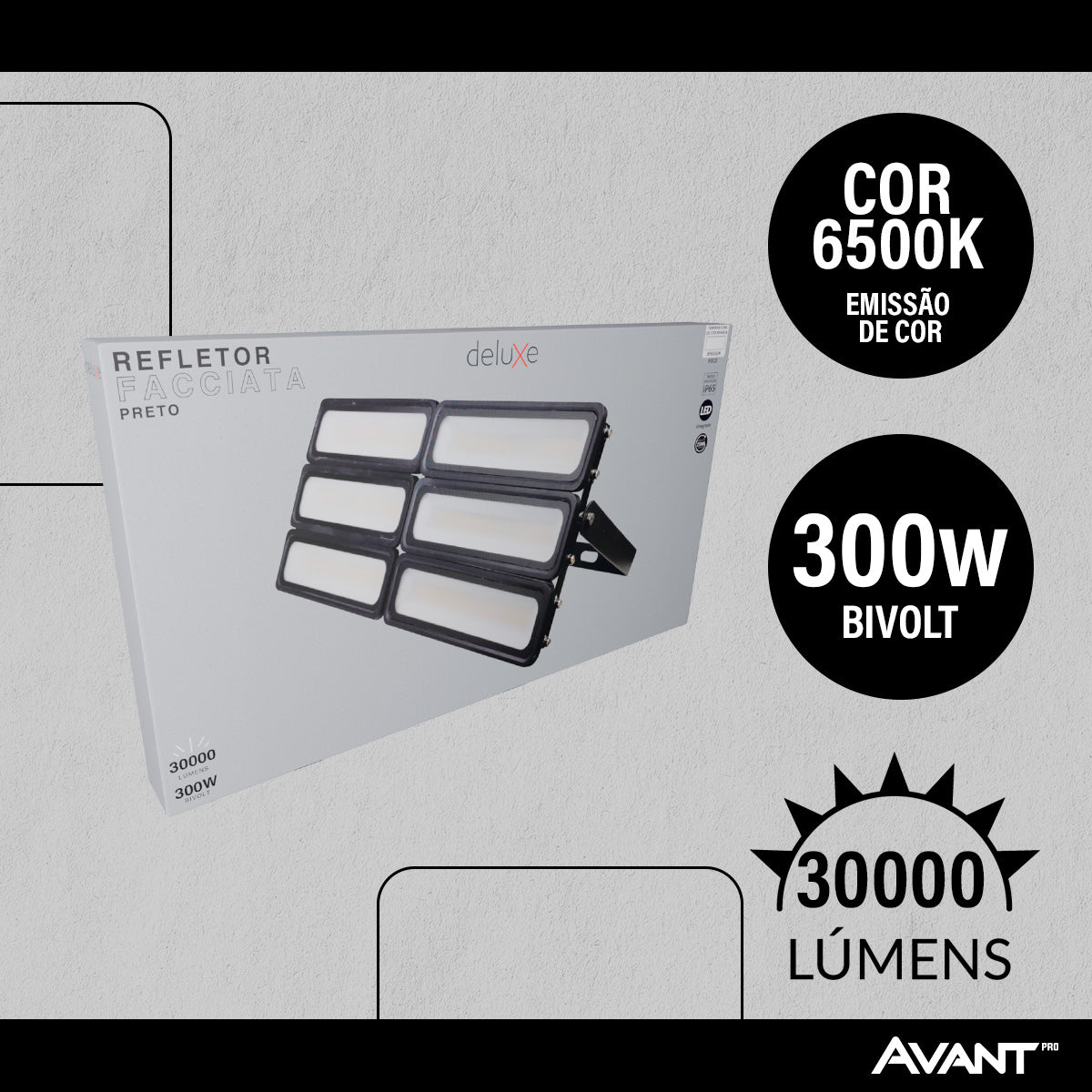 Refletor Led Facciata 300w 6500k Branco Frio Bivolt IP66 Preto Avant Pro