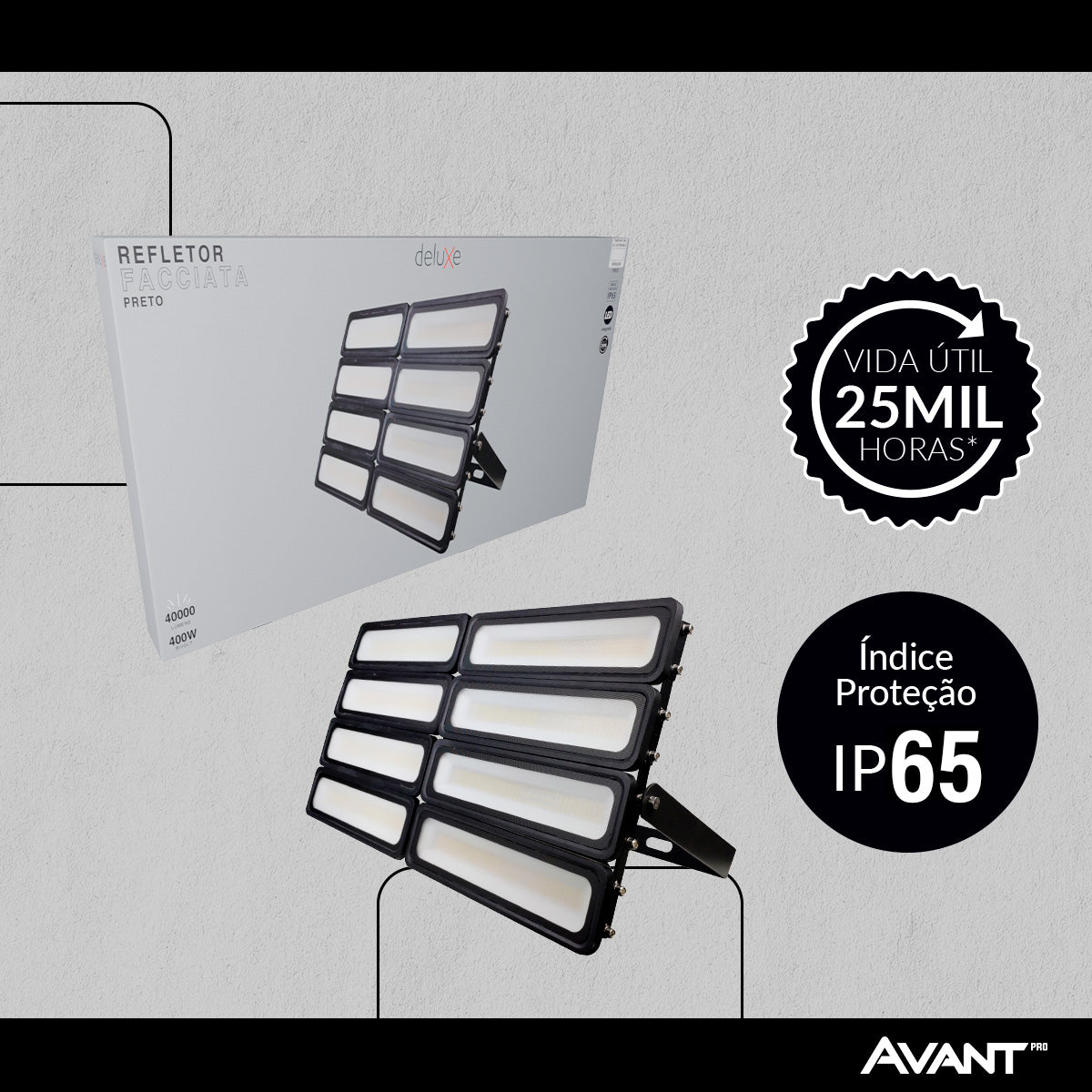 Refletor Led Facciata 400w 6500k Branco Frio Bivolt IP66 Preto Avant Pro