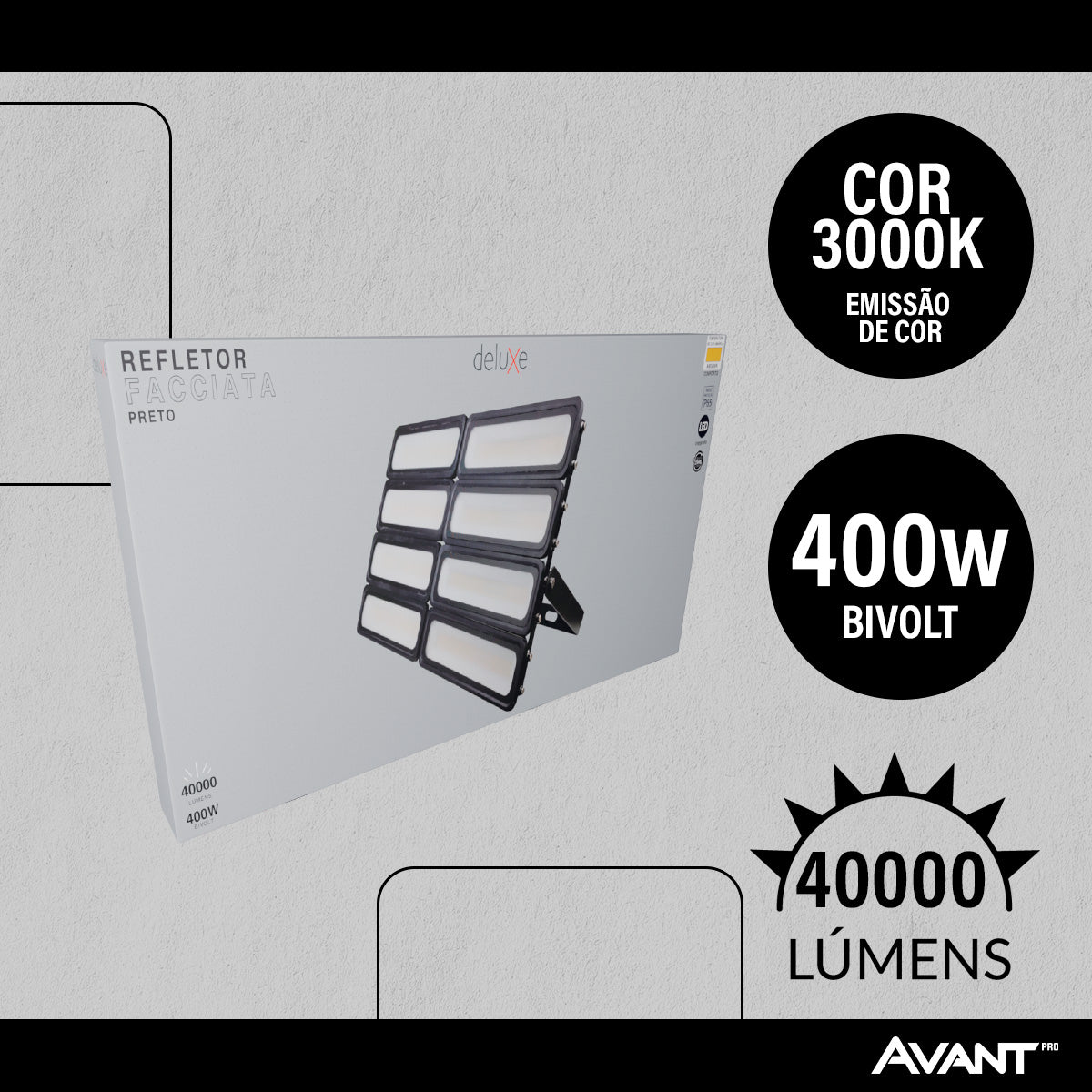 Refletor Led Facciata 400w 3000k Branco Quente Bivolt IP66 Preto Avant Pro