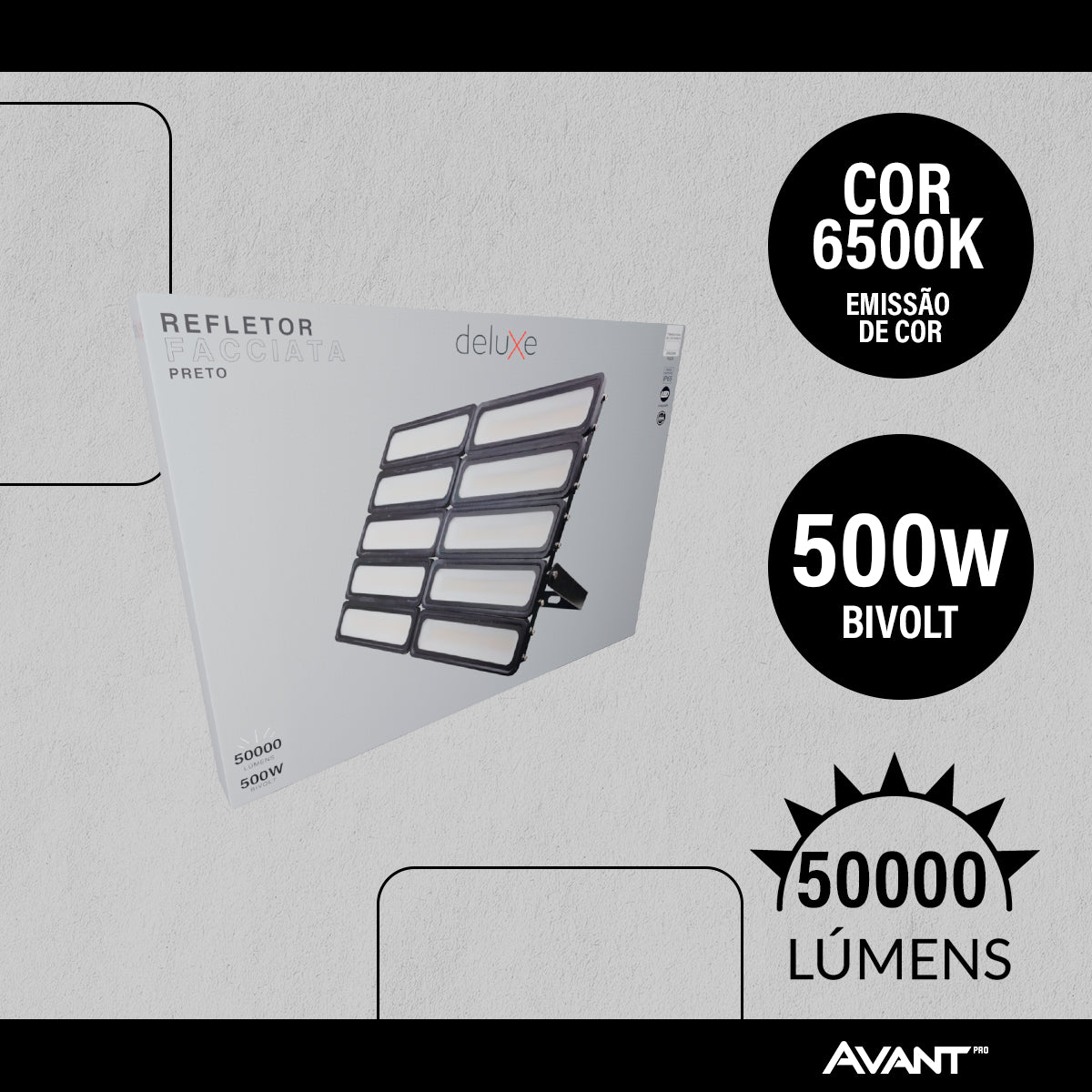 Refletor Led Facciata 500w 6500k Branco Frio Bivolt IP66 Preto Avant Pro