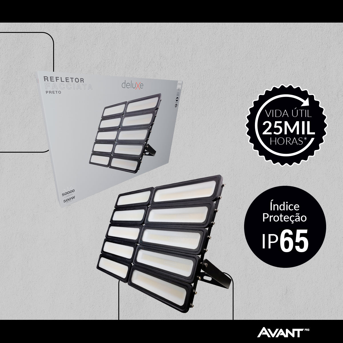 Refletor Led Facciata 500w 6500k Branco Frio Bivolt IP66 Preto Avant Pro