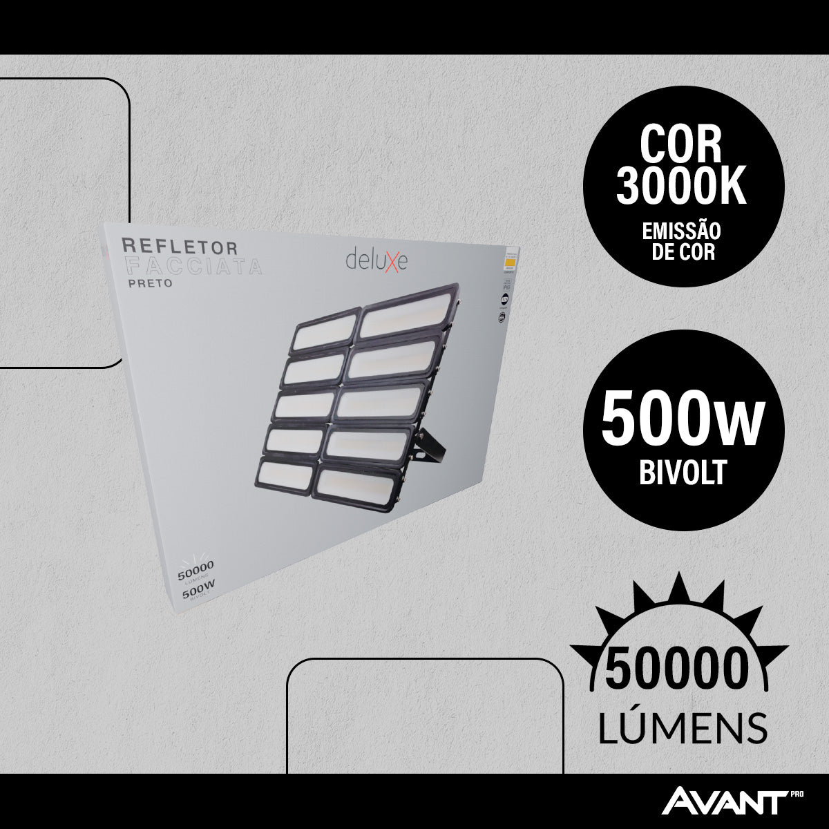 Refletor Led Facciata 500w 3000k Branco Quente Bivolt IP66 Preto Avant Pro