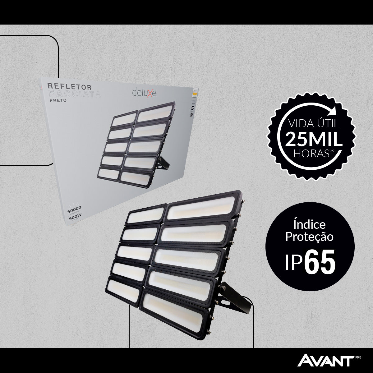 Refletor Led Facciata 500w 3000k Branco Quente Bivolt IP66 Preto Avant Pro