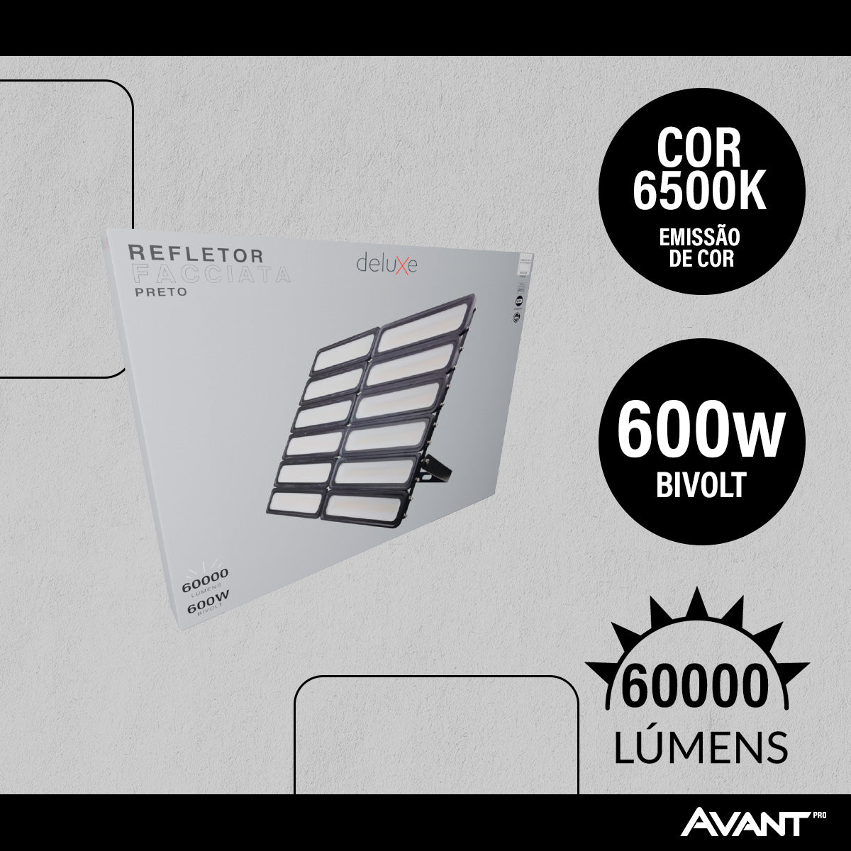 Refletor Led Facciata 600w 6500k Branco Frio Bivolt IP66 Preto Avant Pro