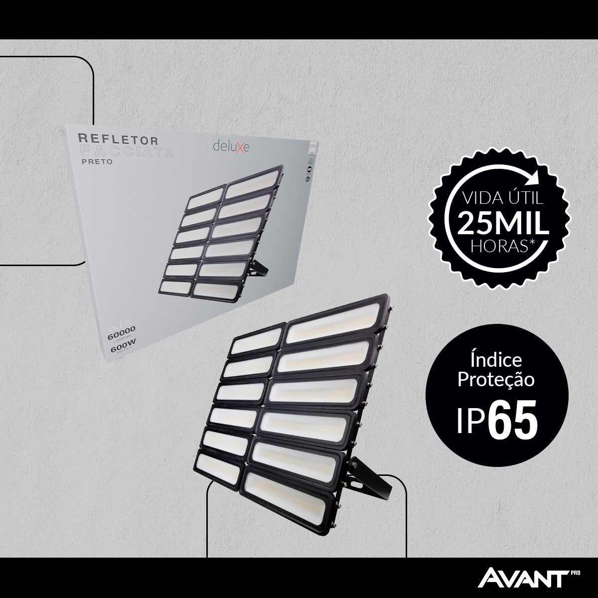 Refletor Led Facciata 600w 6500k Branco Frio Bivolt IP66 Preto Avant Pro