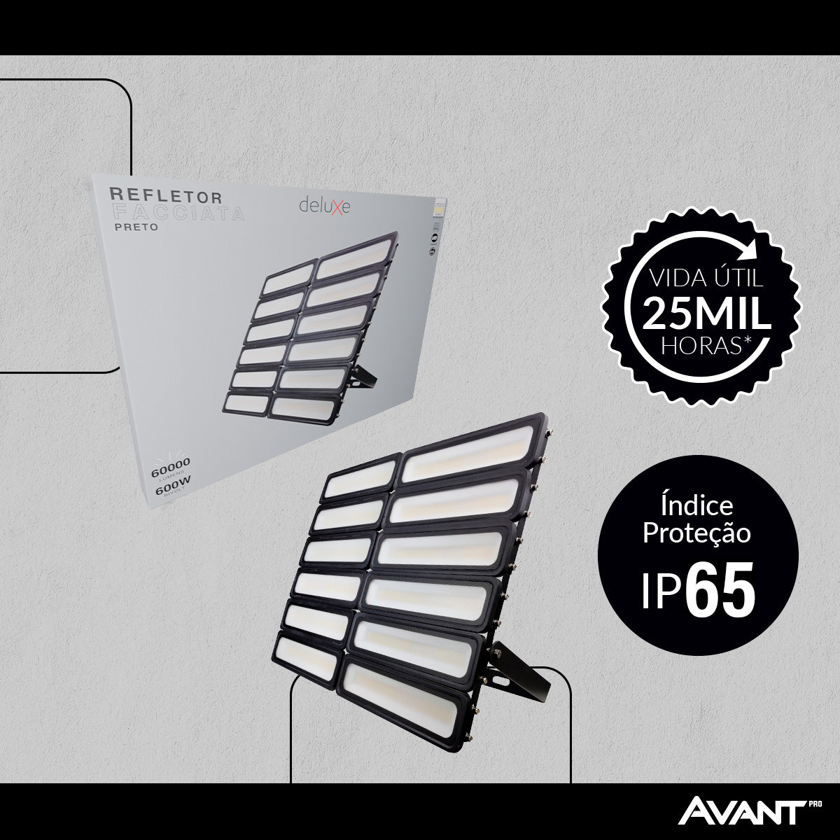 Refletor Led Facciata 600w 4000k Branco Neutro Bivolt IP66 Preto Avant Pro
