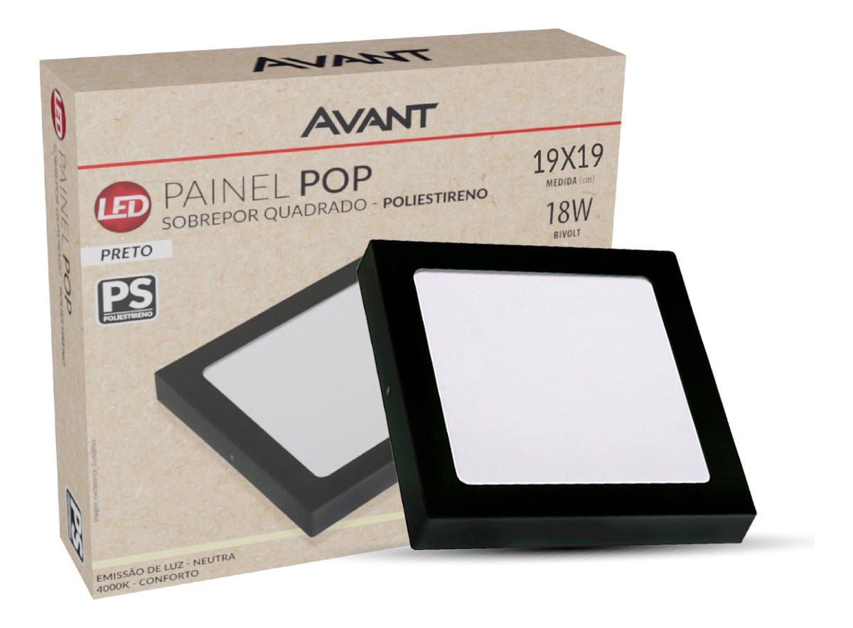 Painel Pop Sobrepor 18W 3000k Branco Quente Bivolt 19,6cm Quadrado Preto Avant