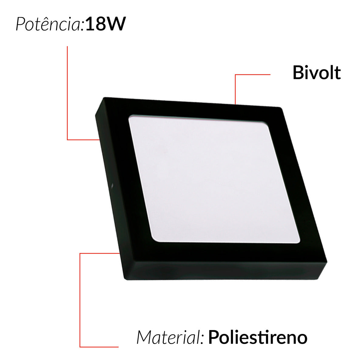 Painel Pop Sobrepor 18W 3000k Branco Quente Bivolt 19,6cm Quadrado Preto Avant
