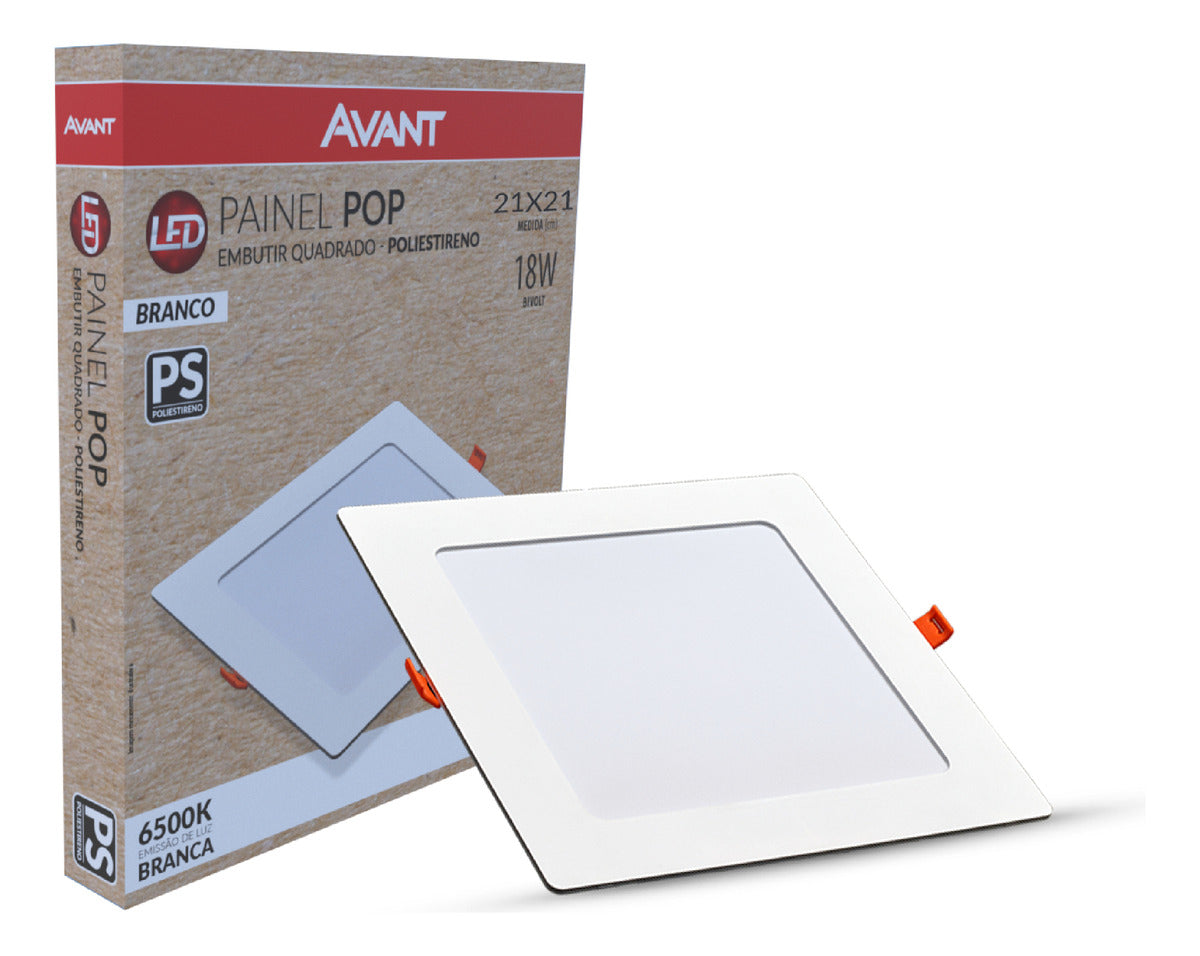 Painel Pop Embutir 18W 3000k Branco Quente Bivolt 21,3cm Quadrado Branco Avant