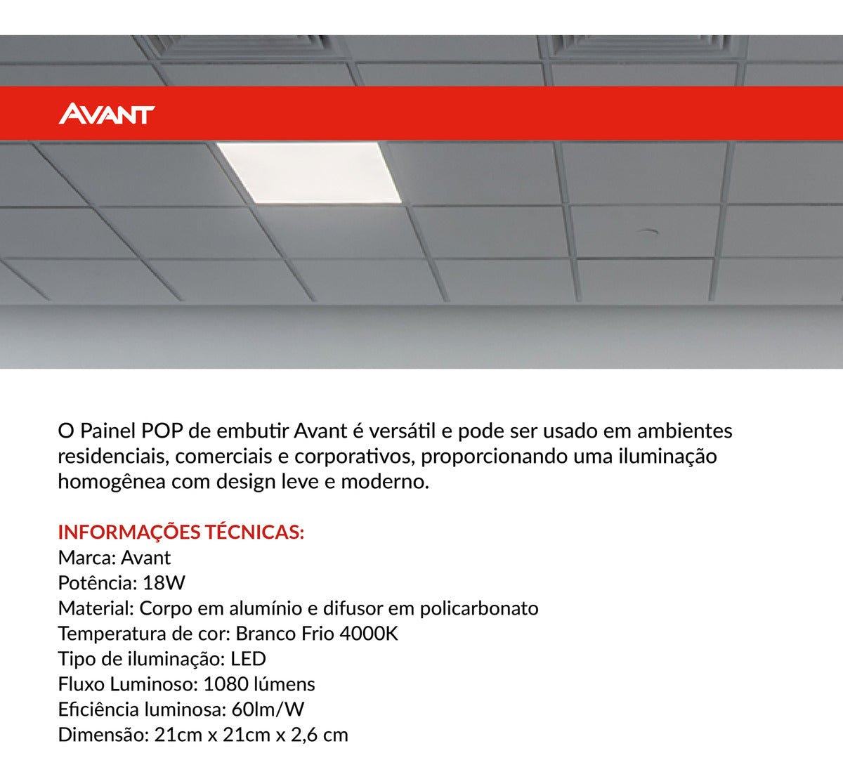 Painel Pop Embutir 18W 4000k Branco Neutro Bivolt 21,3cm Quadrado Branco Avant