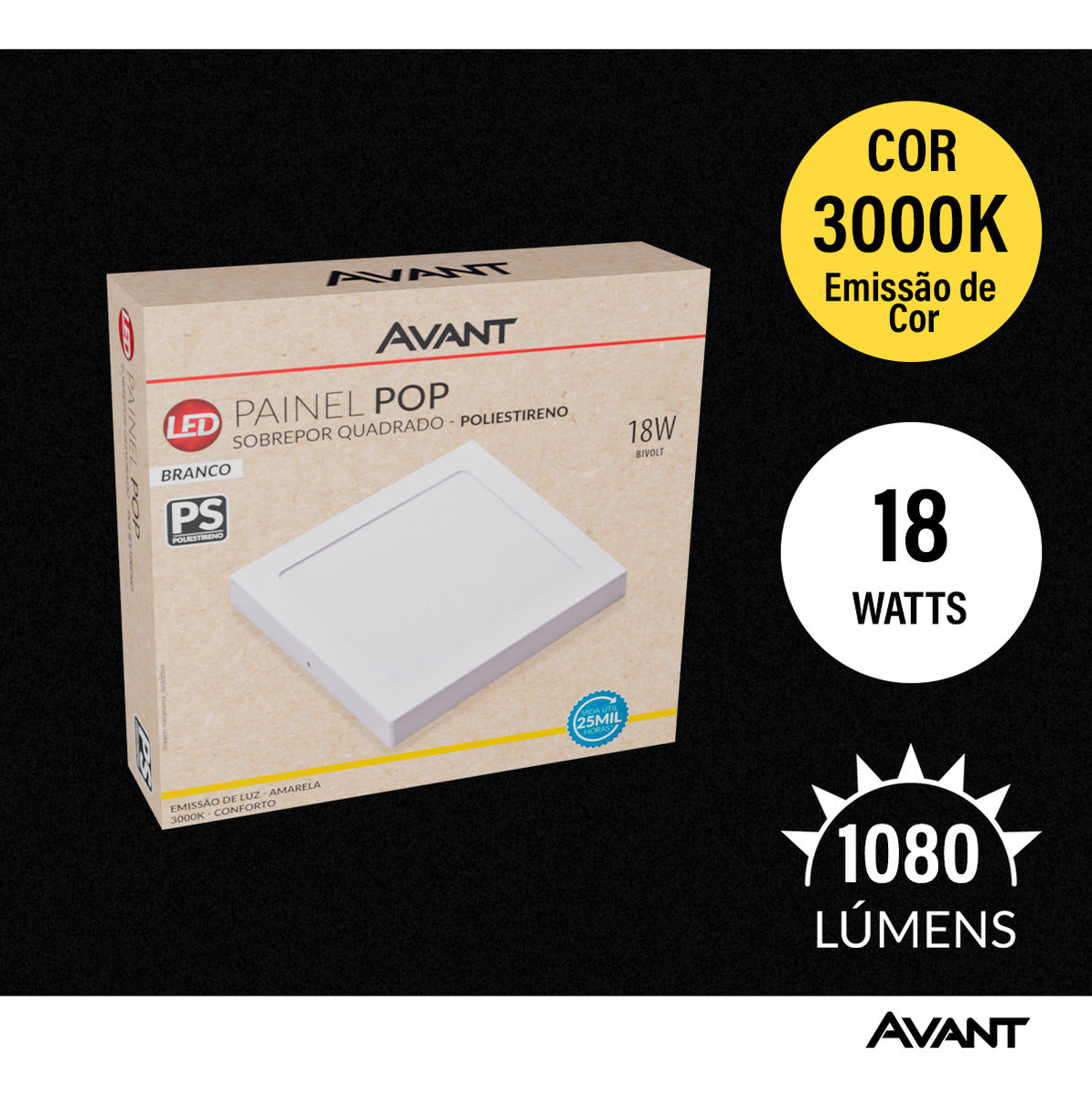 Painel Pop Sobrepor 18W 3000k Branco Quente Bivolt 19,6cm Quadrado Branco Avant