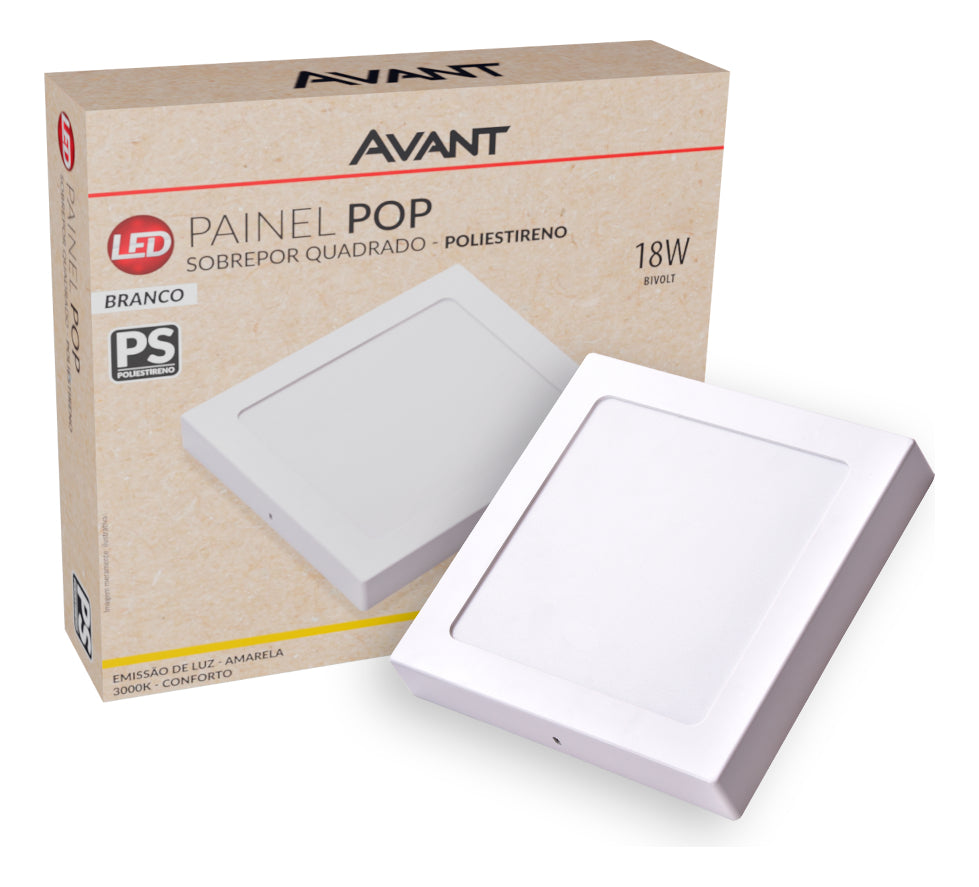Painel Pop Sobrepor 18W 3000k Branco Quente Bivolt 19,6cm Quadrado Branco Avant