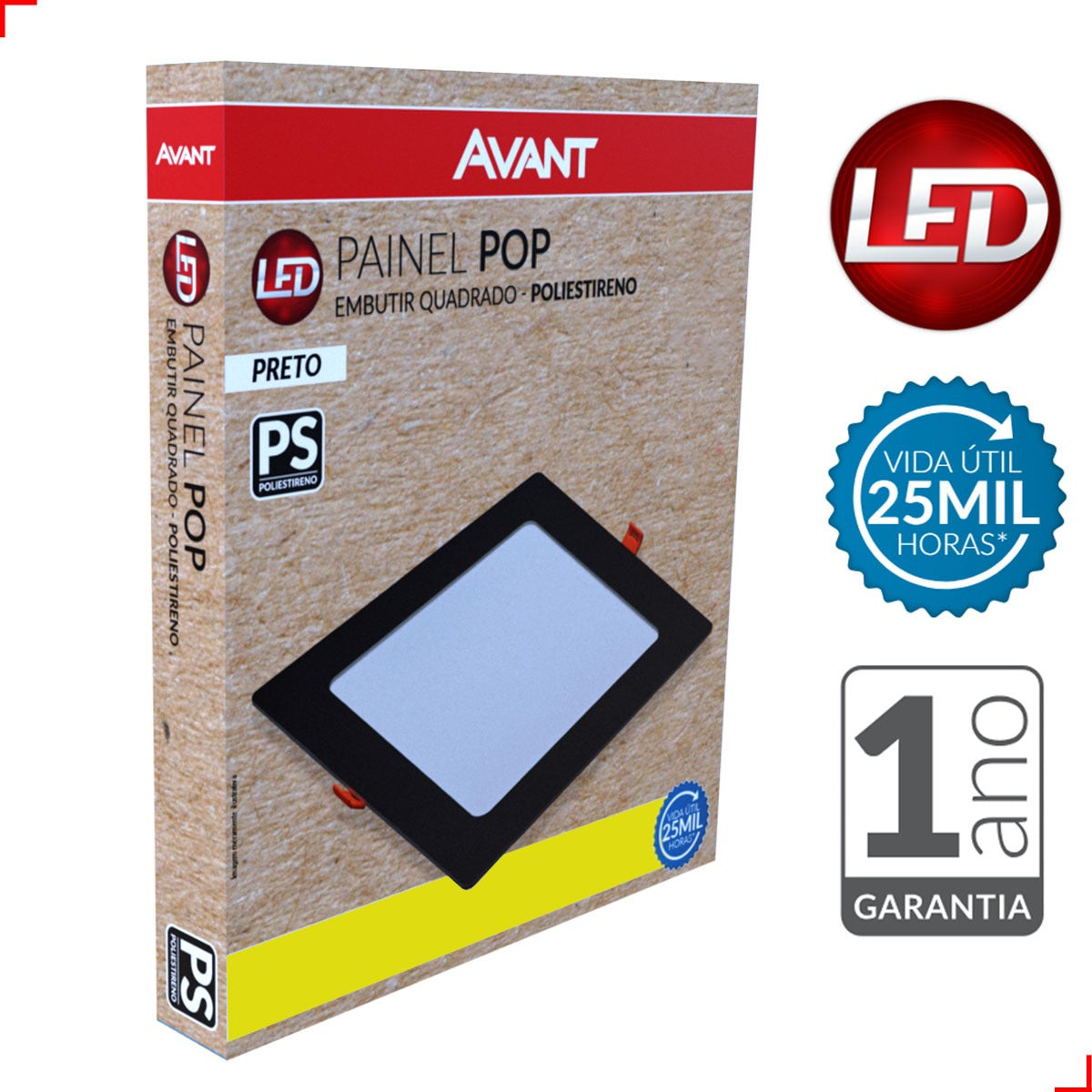 Painel Pop Embutir 18W 3000k Branco Quente Bivolt 21,3cm Quadrado Preto Avant