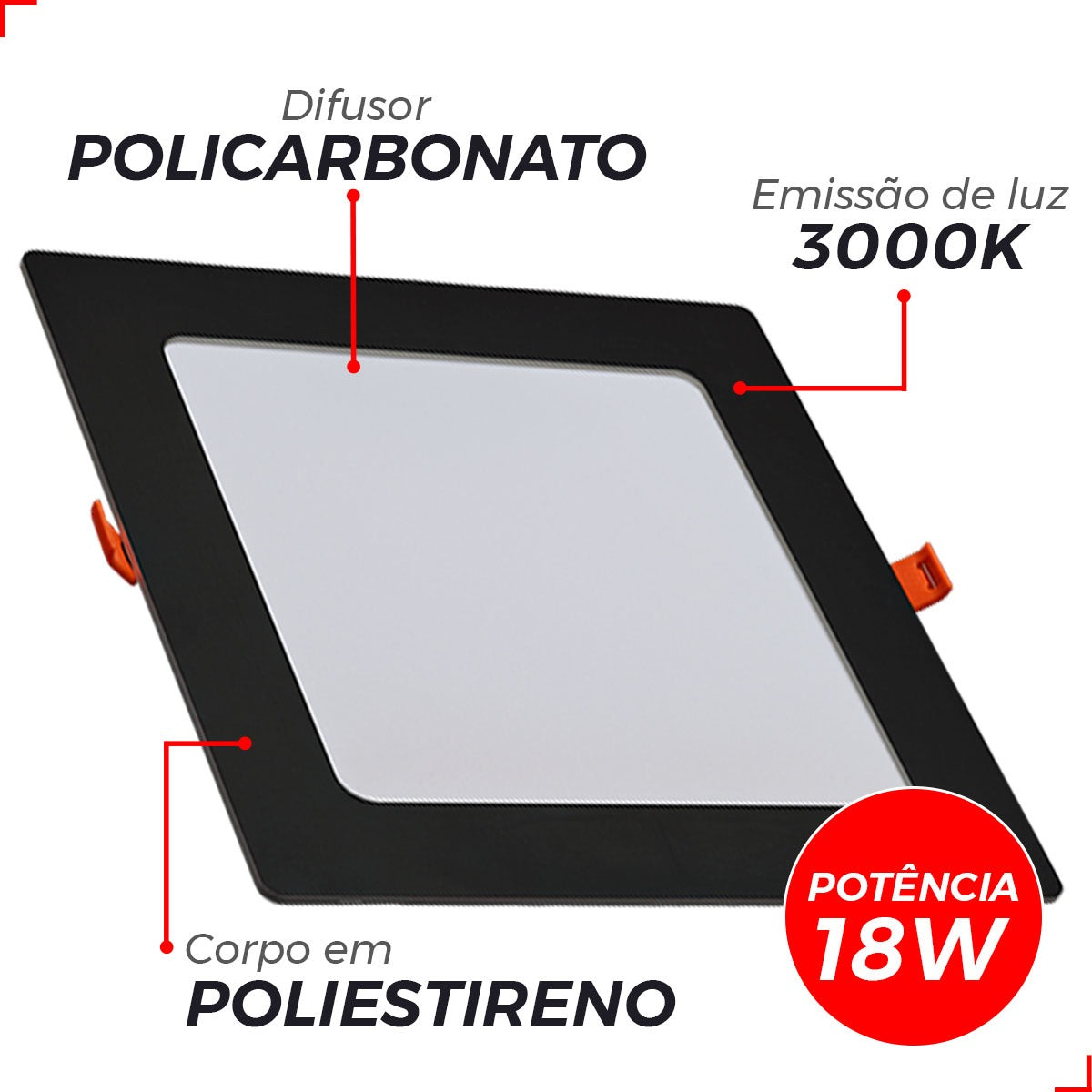 Painel Pop Embutir 18W 3000k Branco Quente Bivolt 21,3cm Quadrado Preto Avant