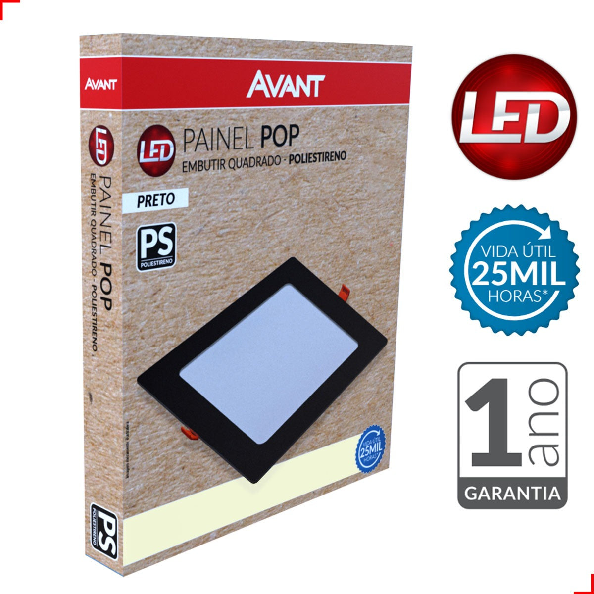 Painel Pop Embutir 18W 4000k Branco Neutro Bivolt 21,3cm Quadrado Preto Avant