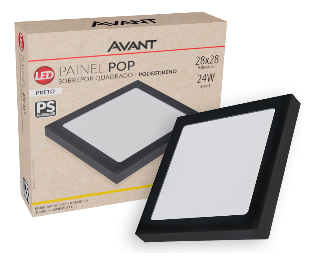 Painel Pop Sobrepor 24W 3000k Branco Quente Bivolt 26,5cm Quadrado Preto Avant
