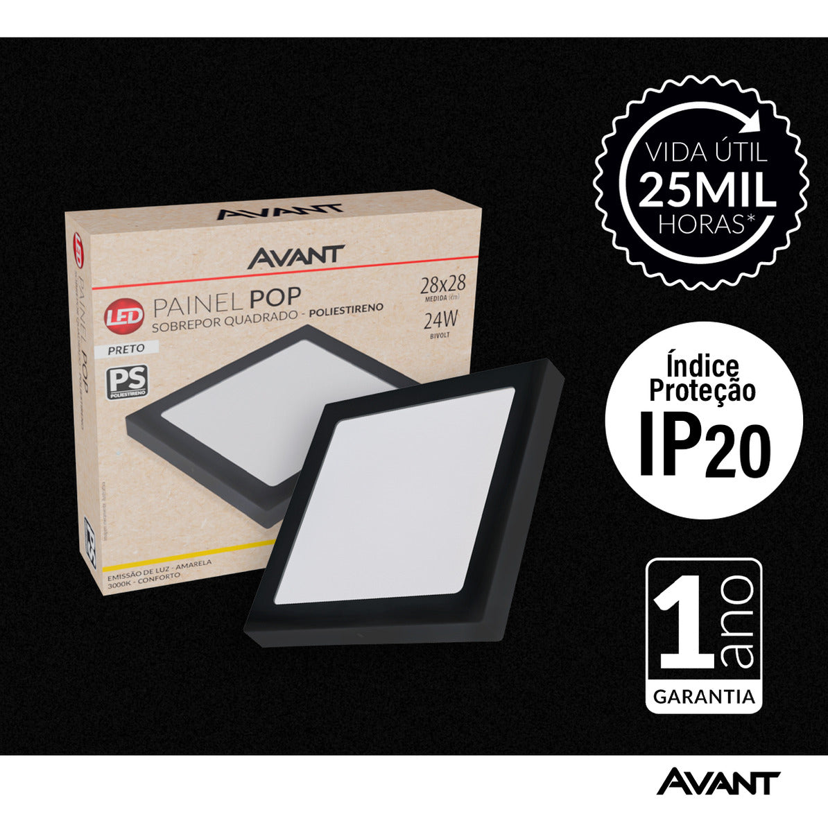 Painel Pop Sobrepor 24W 3000k Branco Quente Bivolt 26,5cm Quadrado Preto Avant