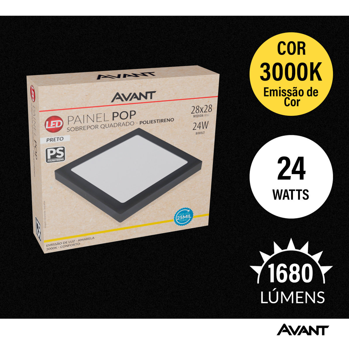 Painel Pop Sobrepor 24W 3000k Branco Quente Bivolt 26,5cm Quadrado Preto Avant