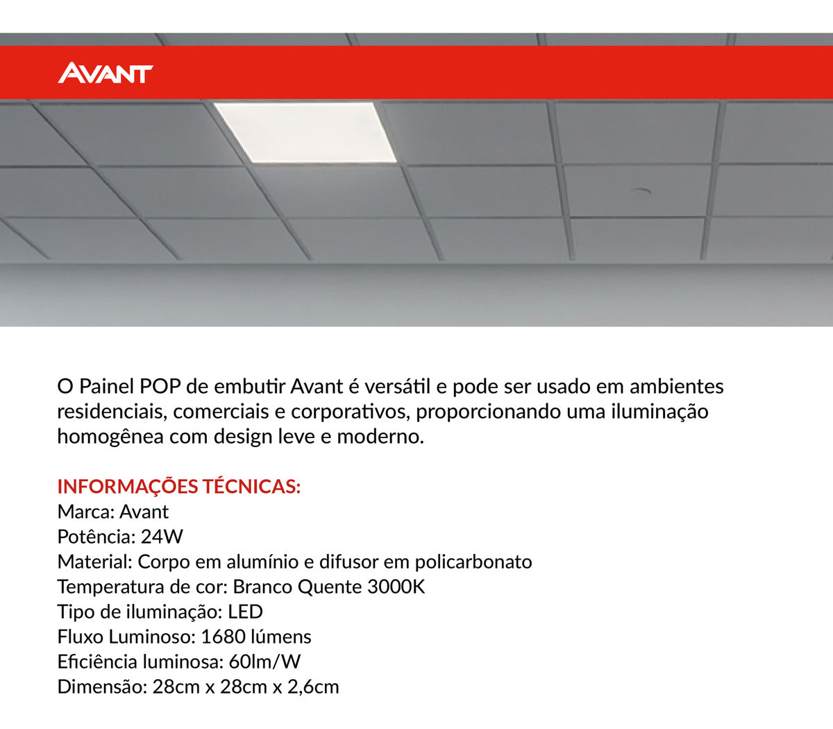 Painel Pop Embutir 24W 3000k Branco Quente Bivolt 28,6cm Quadrado Branco Avant