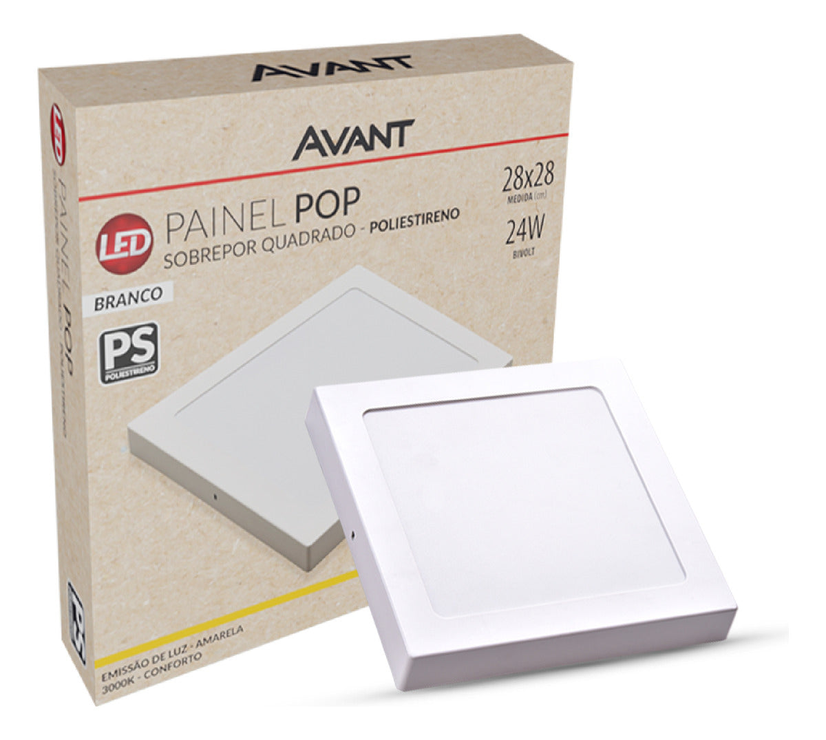 Painel Pop Sobrepor 24W 3000k Branco Quente Bivolt 26,5cm Quadrado Branco Avant