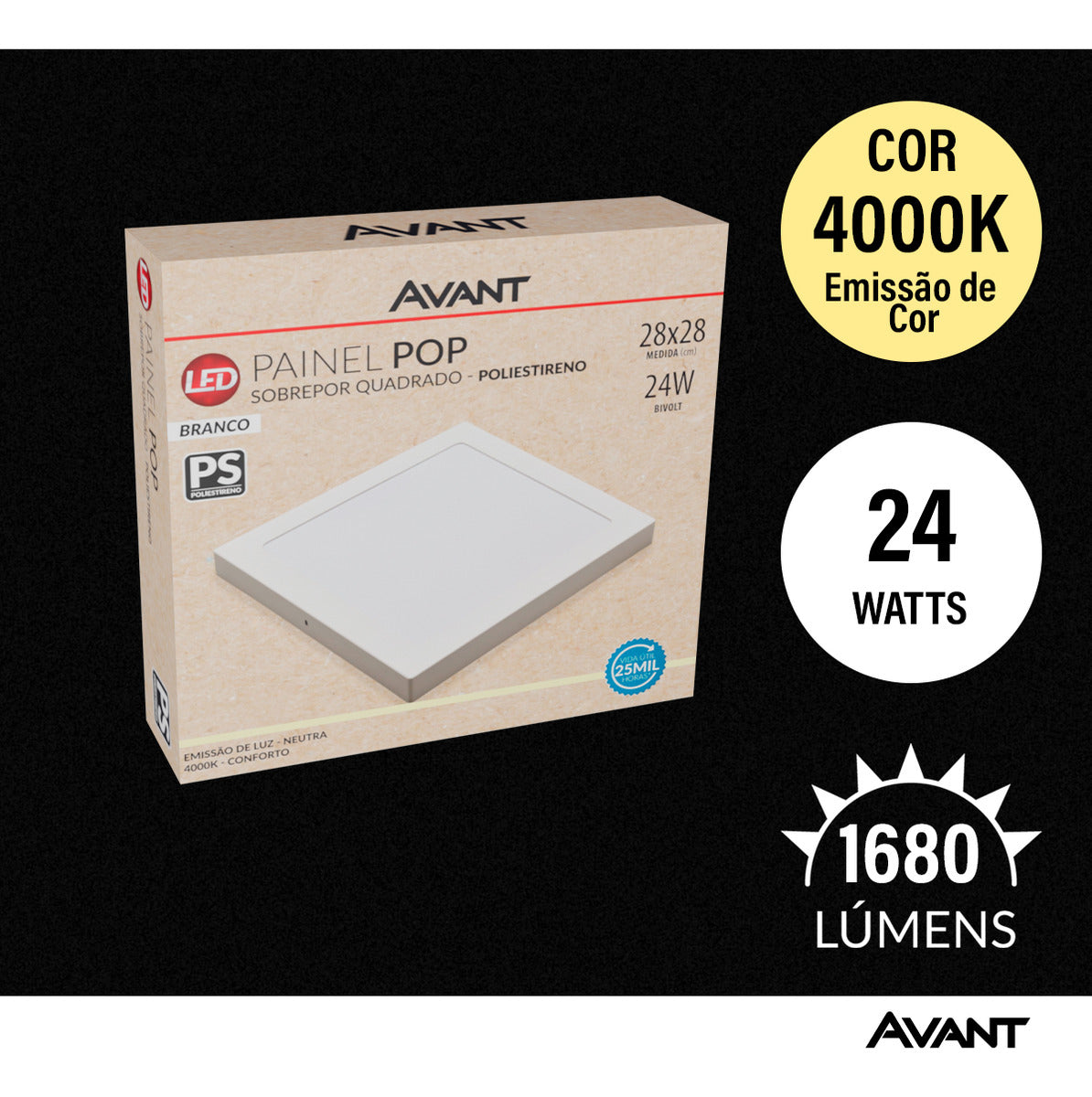 Painel Pop Sobrepor 24W 4000k Branco Neutro Bivolt 26,5cm Quadrado Branco Avant