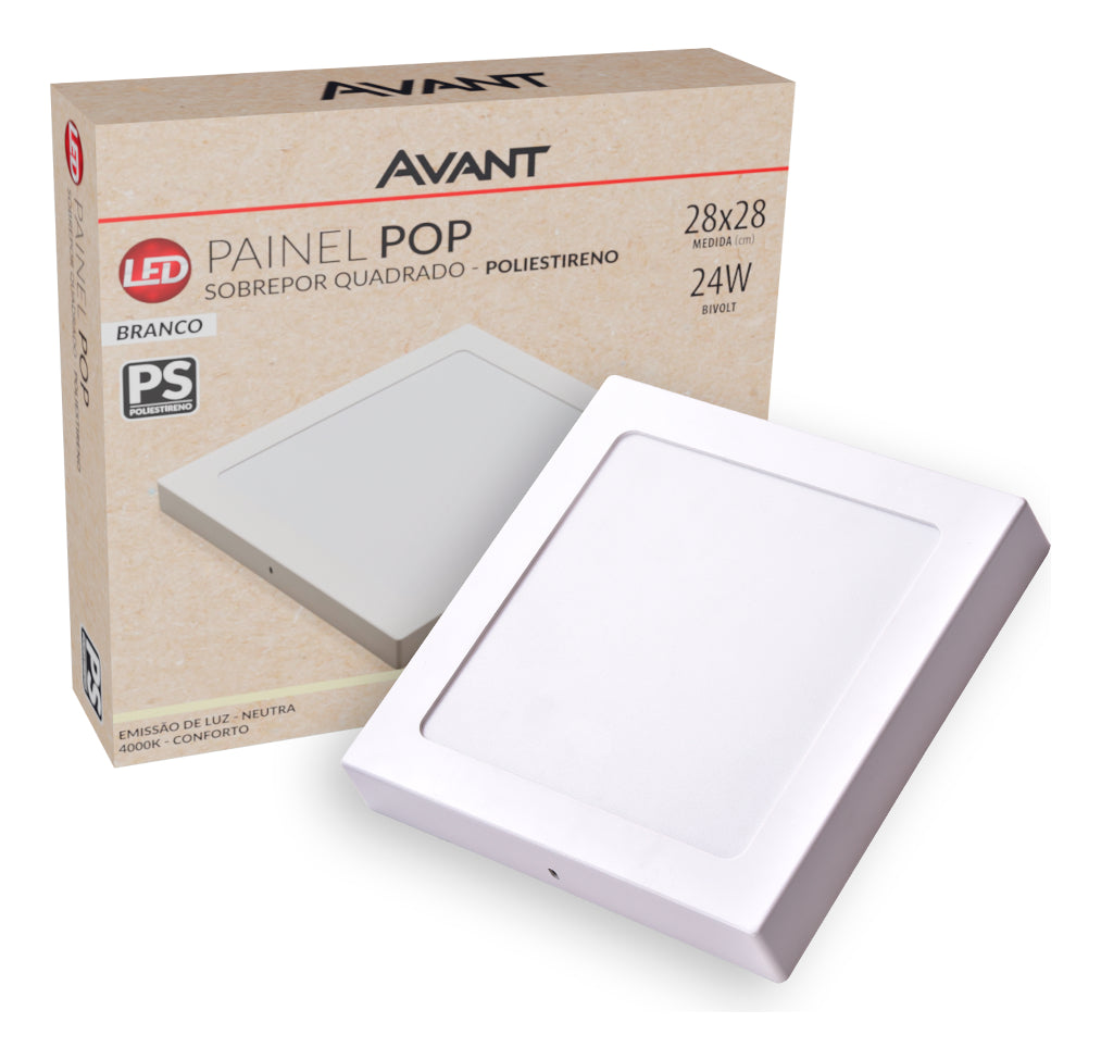 Painel Pop Sobrepor 24W 4000k Branco Neutro Bivolt 26,5cm Quadrado Branco Avant