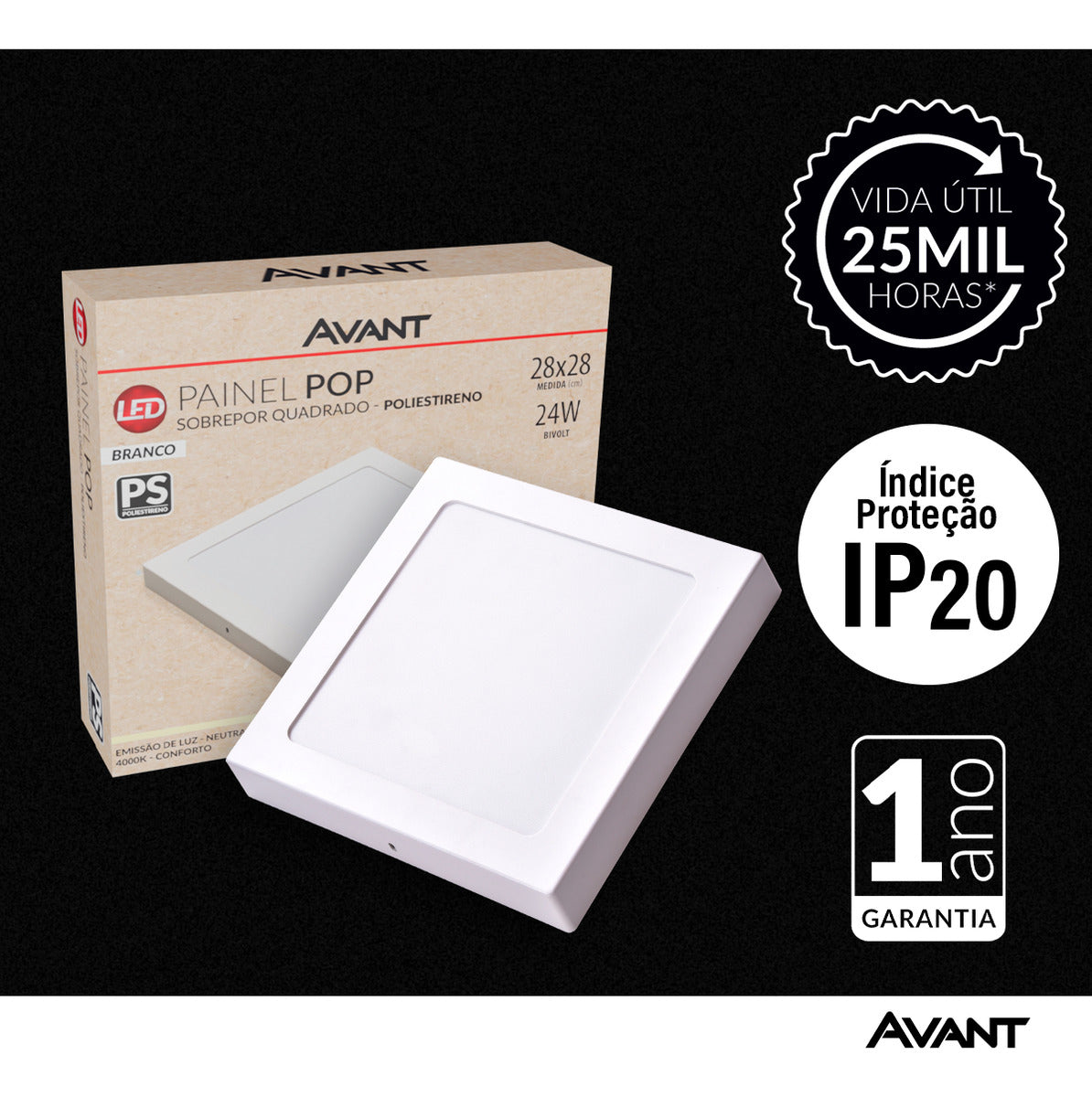 Painel Pop Sobrepor 24W 4000k Branco Neutro Bivolt 26,5cm Quadrado Branco Avant