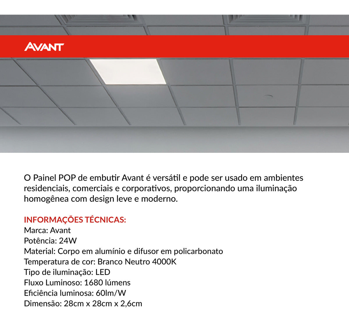 Painel Pop Embutir 24W 4000k Branco Neutro Bivolt 28,6cm Quadrado Preto Avant