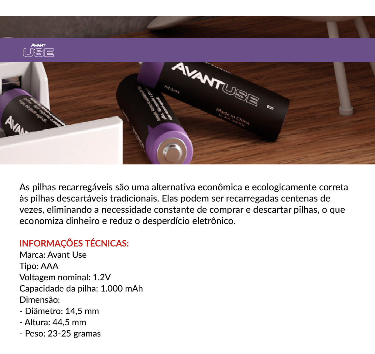 Kit 4 Pilhas Recarregável Palito AAA 1.5v 1000MAH Avant Use