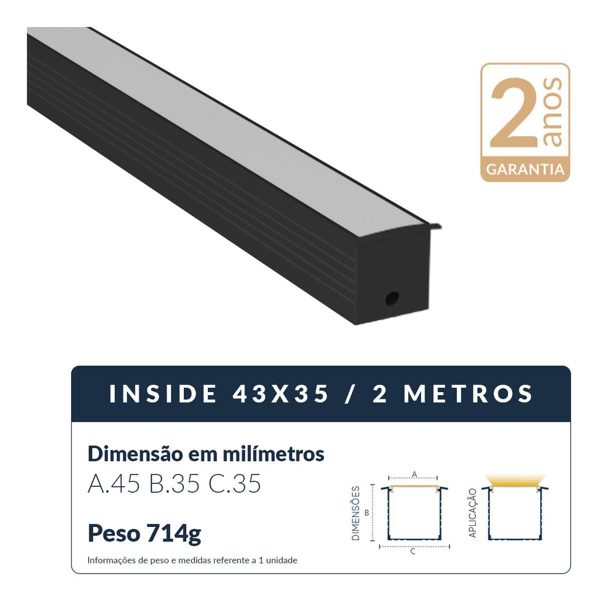 Perfil Barra Risqué Inside Embutir 43x35mm 2 Metros IP20 Preto Avant