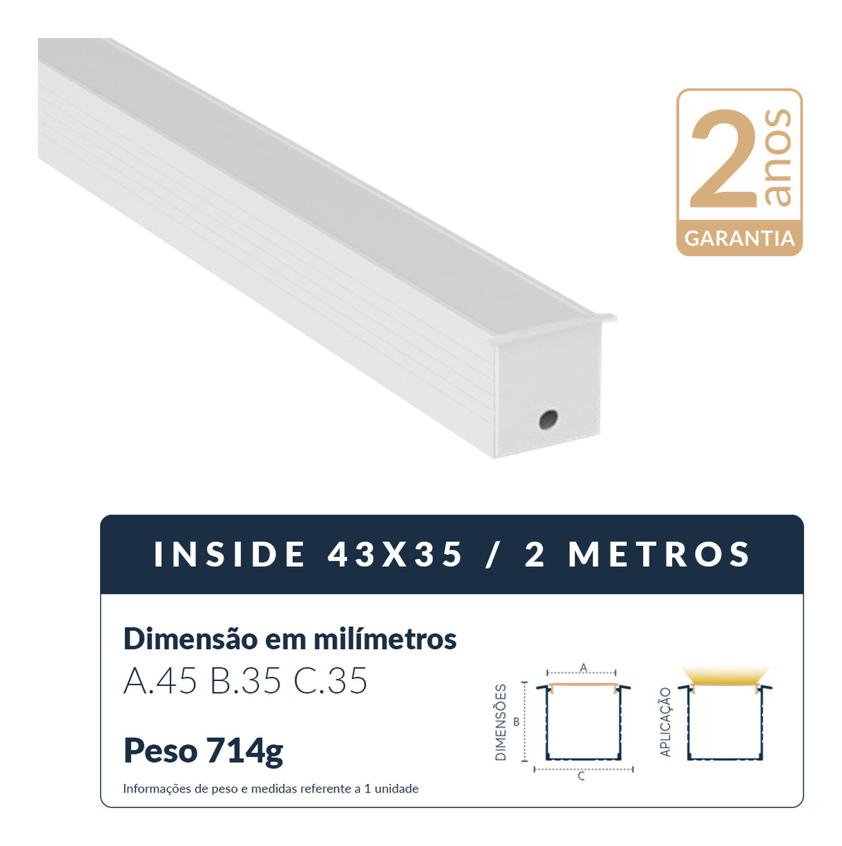 Perfil Barra Risqué Inside Embutir 43x35mm 2 Metros IP20 Branco Avant