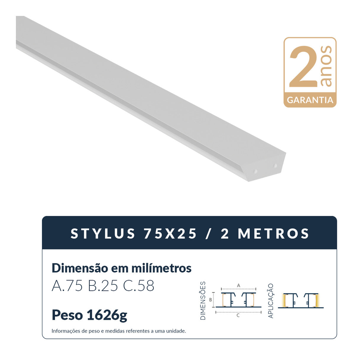 Perfil Barra Risque Stylus Sobrepor 75x25mm 2 Metros IP20 Branco Avant