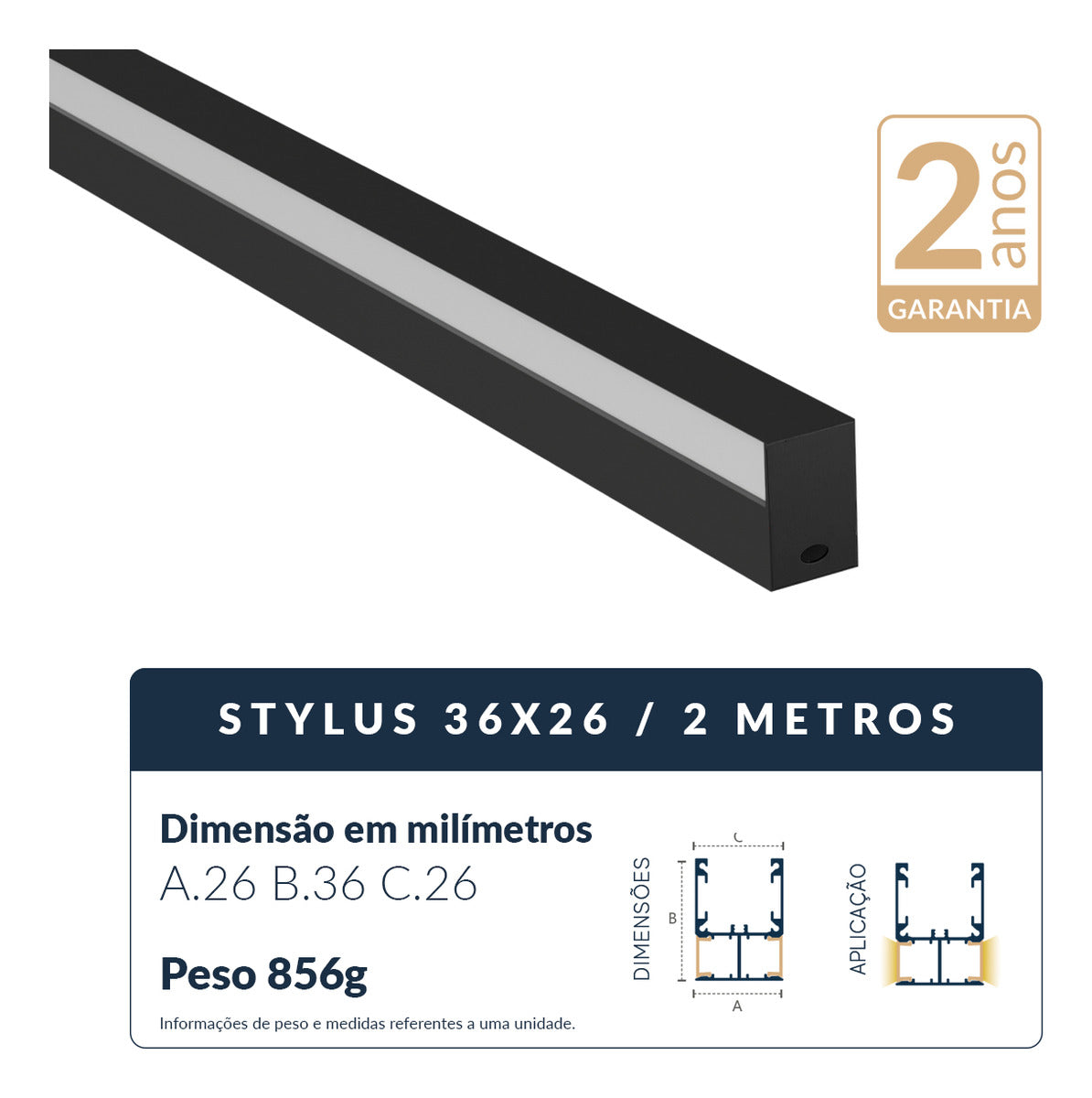 Perfil Barra Risqué Stylus 36x26mm 2 Metros IP20 Preto Avant