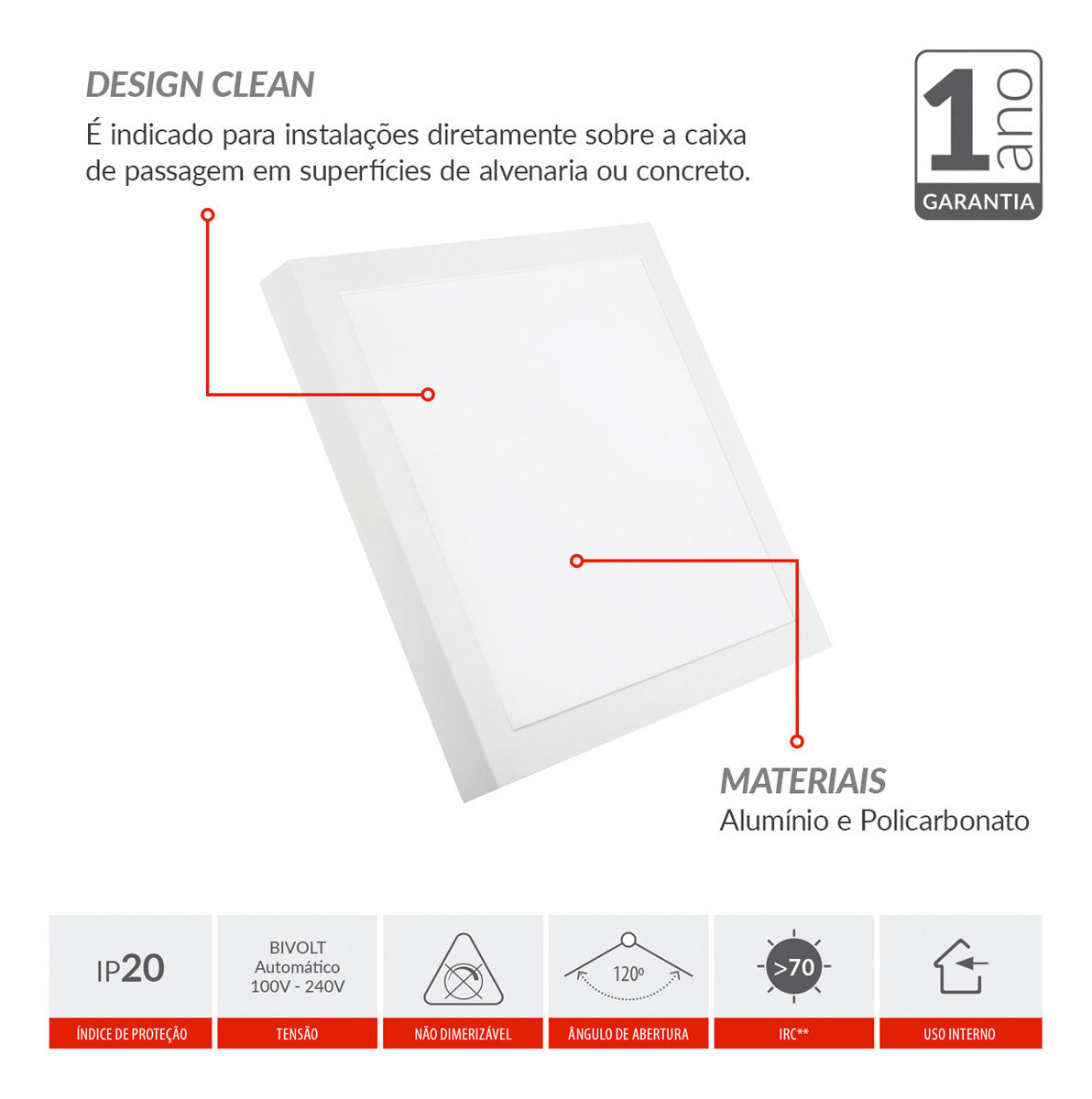 Painel Led Alu Slim 30W 3000k Sob. Quad 110v/220v 40cm Avant