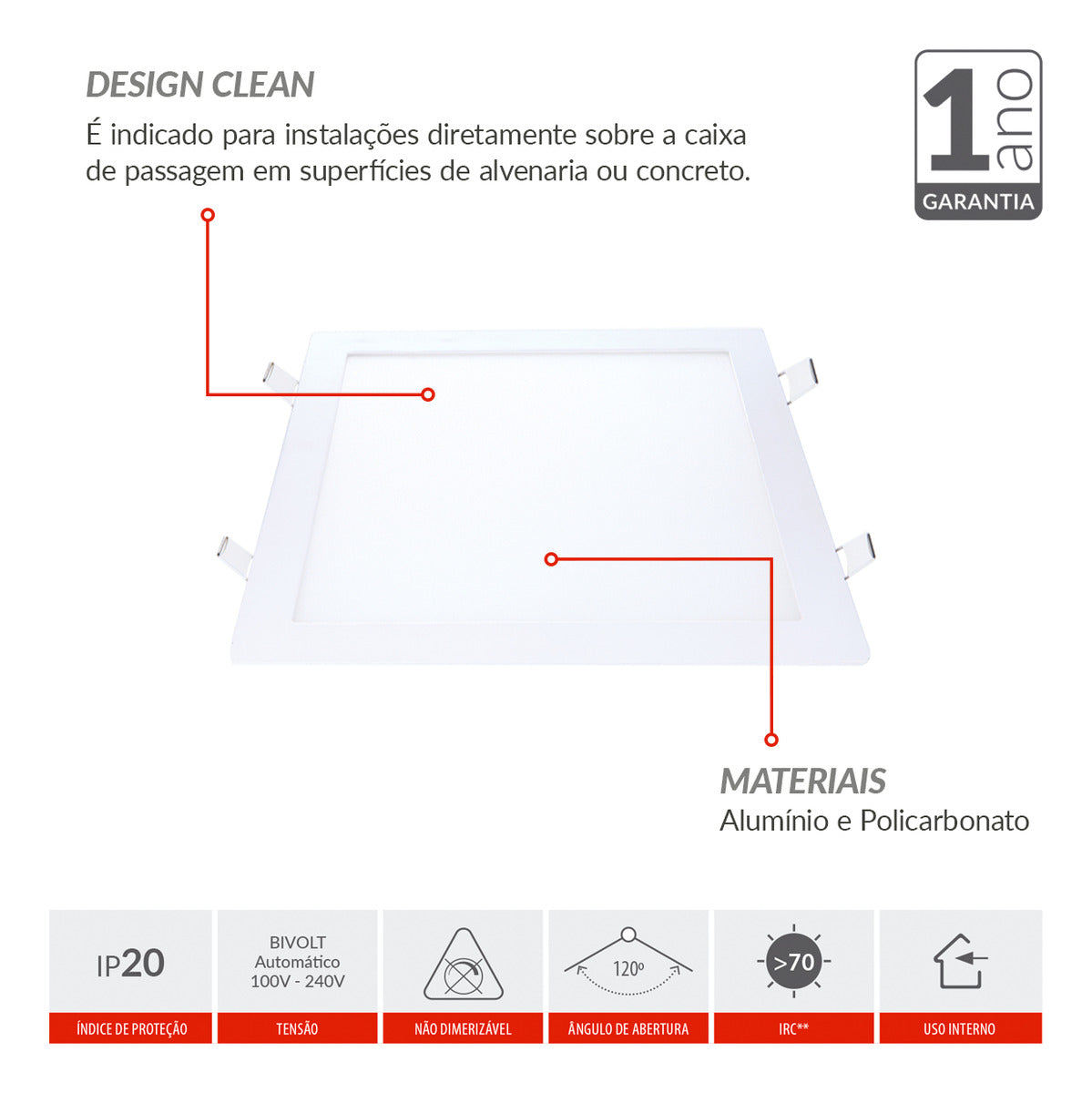 Painel Led Plafon Aluminio Slim Embutir 30w 4000k Branco Neutro 40cm Bivolt Quadrado Avant