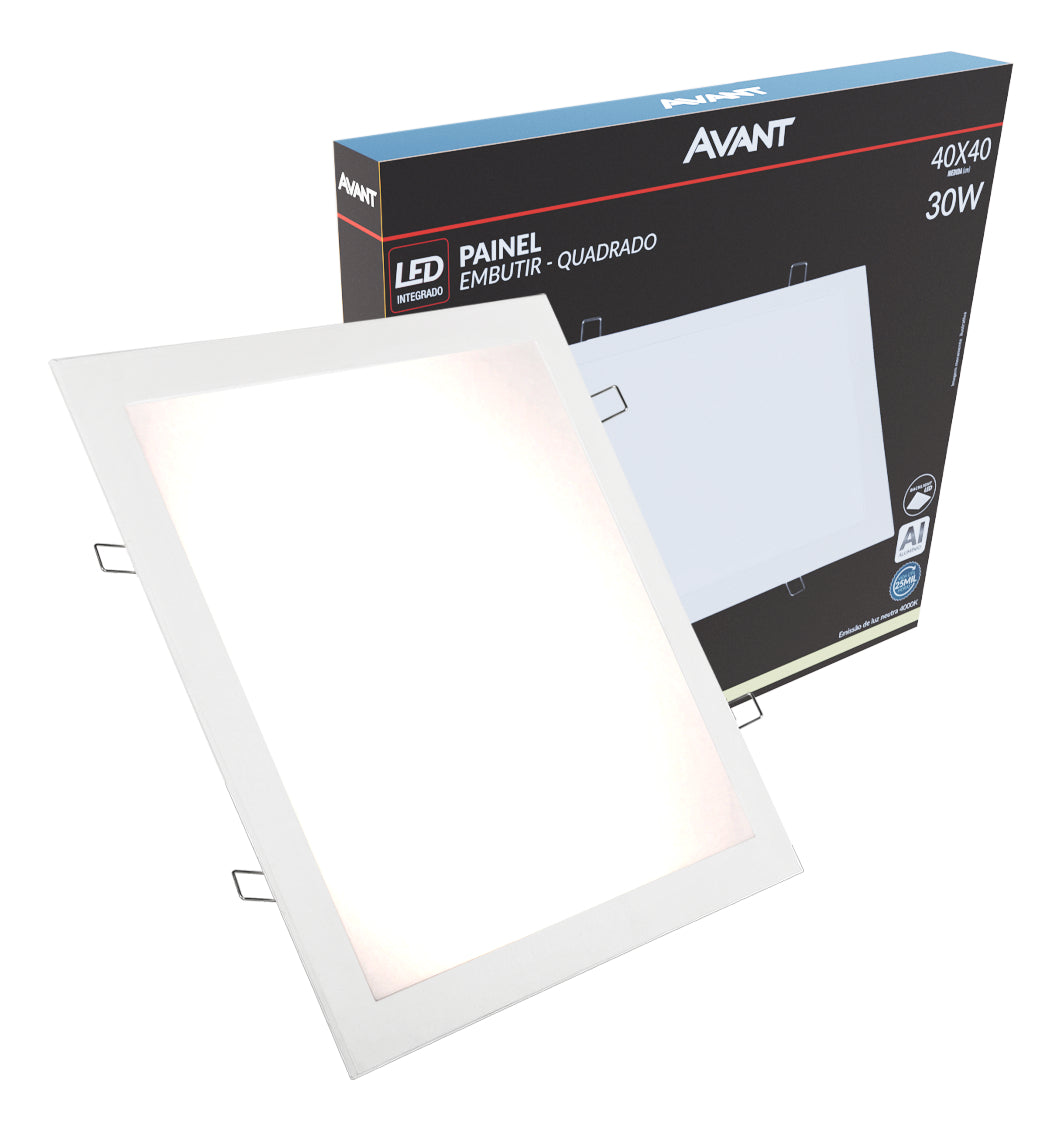 Painel Led Plafon Aluminio Slim Embutir 30w 4000k Branco Neutro 40cm Bivolt Quadrado Avant