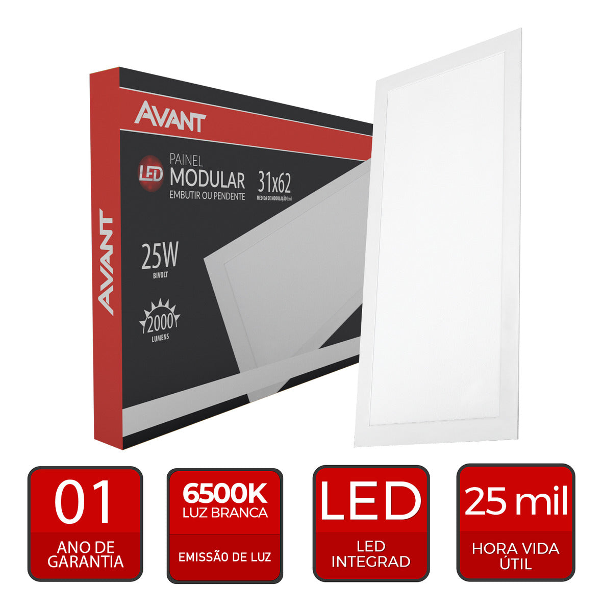 Painel Led Modular 62cm 25w 4000K Emb. ou Pendente Pr Avant
