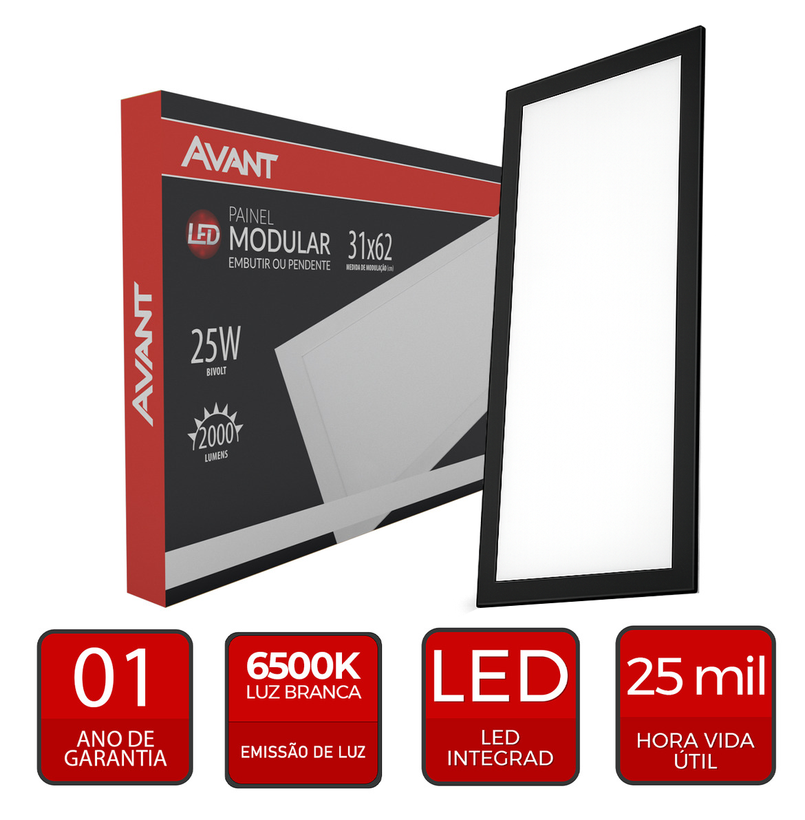Painel Led Modular 62cm 25w 4000K Emb. ou Pendente Pr Avant