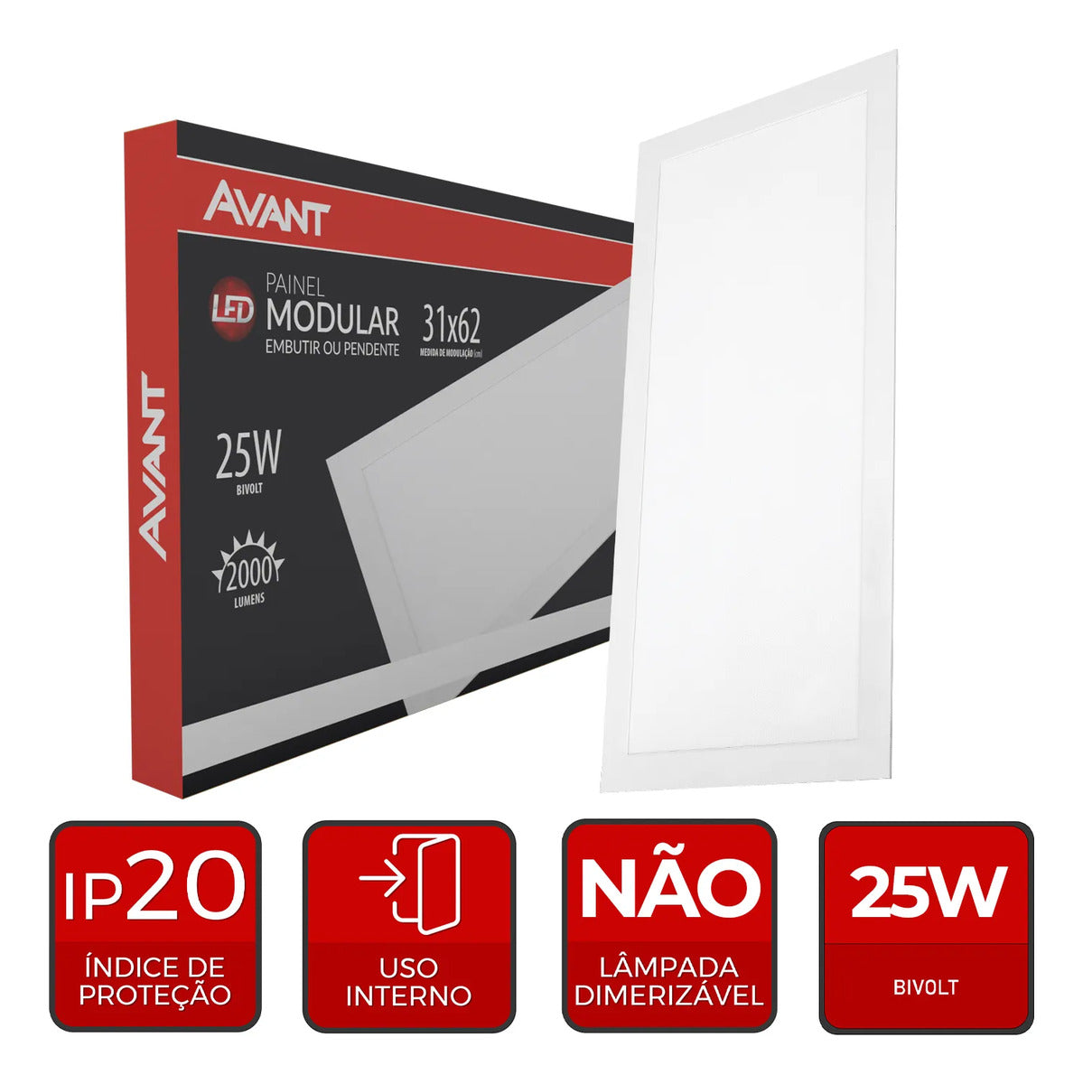 Painel Led Modular 62cm 25w 4000K Emb. ou Pendente Pr Avant