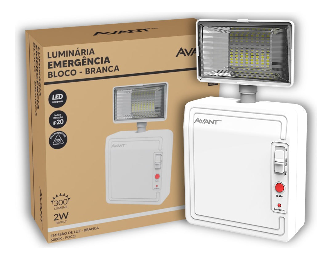 Luminaria Led Emergencia Bloco 2w 6000K Branco Frio Bivolt Branco Avant