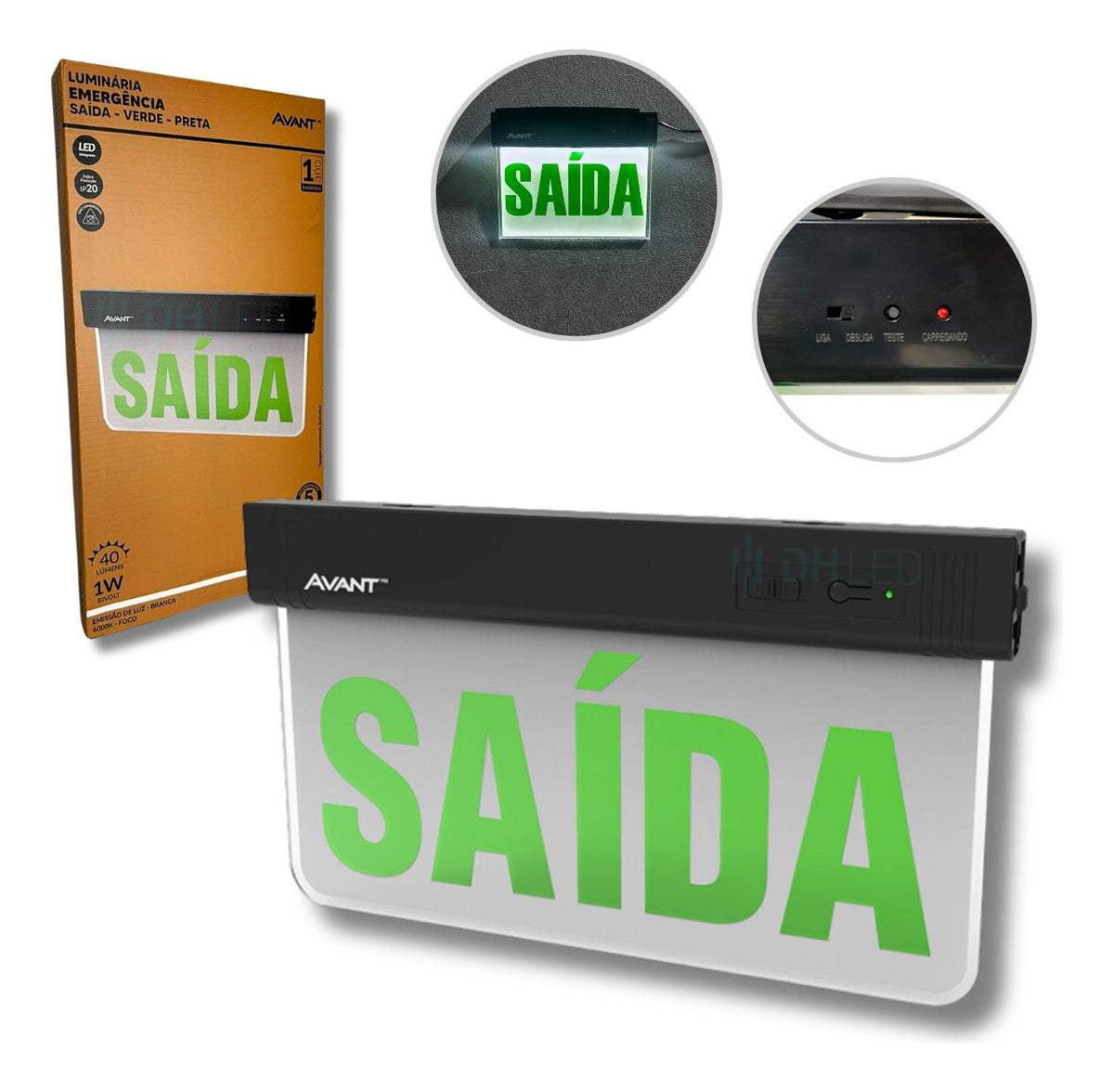 Luminaria Led Emergencia Placa Saida 2L 1w 6000K Branco Frio Bivolt Preto Avant
