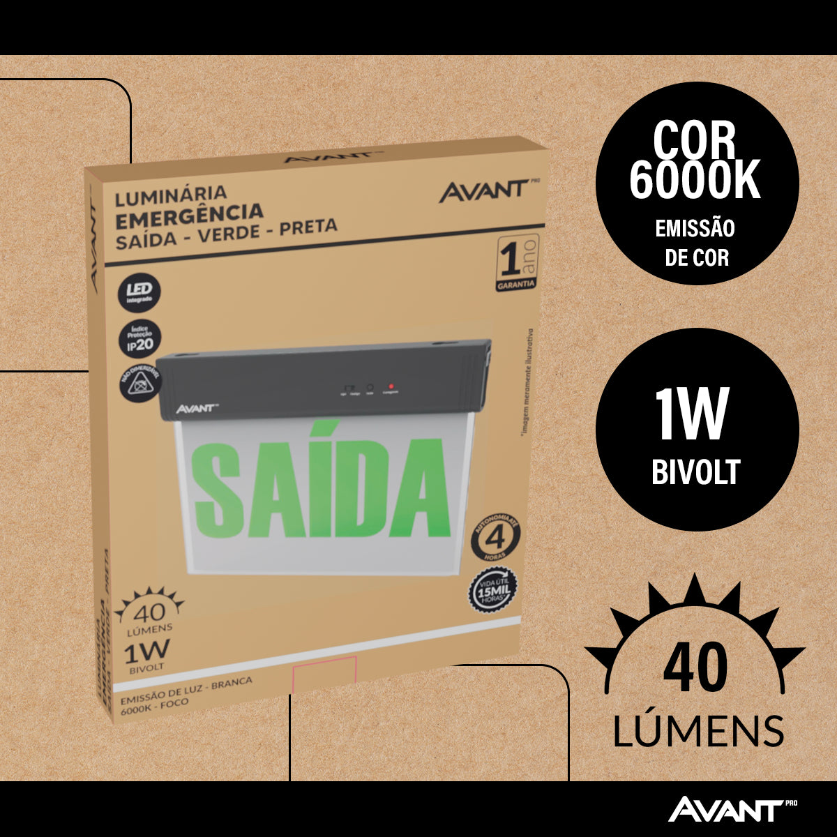 Luminaria Led Emergencia Placa Saida 2L 1w 6000K Branco Frio Bivolt Preto Avant